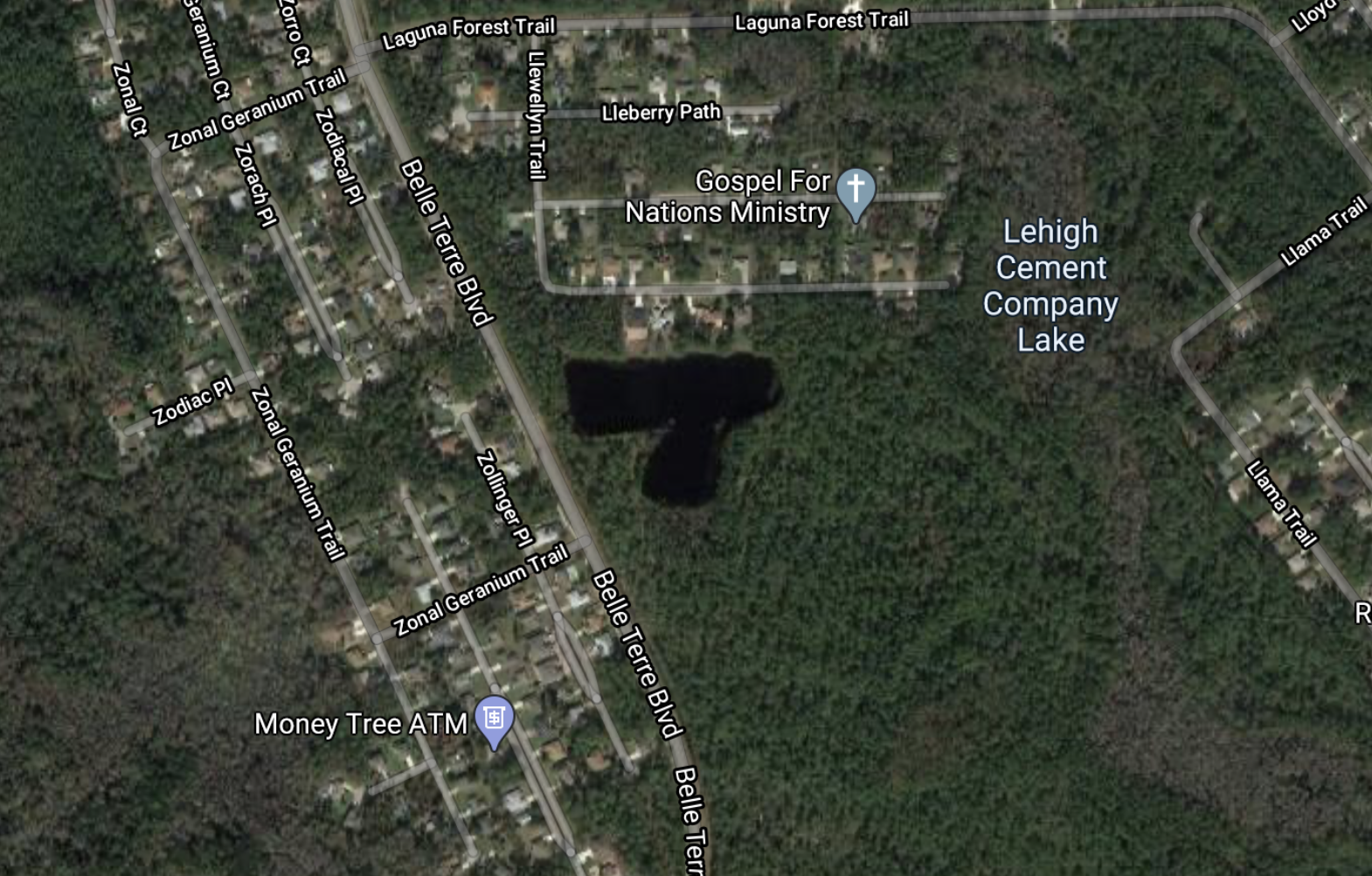 The lake east of Belle Terre Boulevard. Image from Google Maps