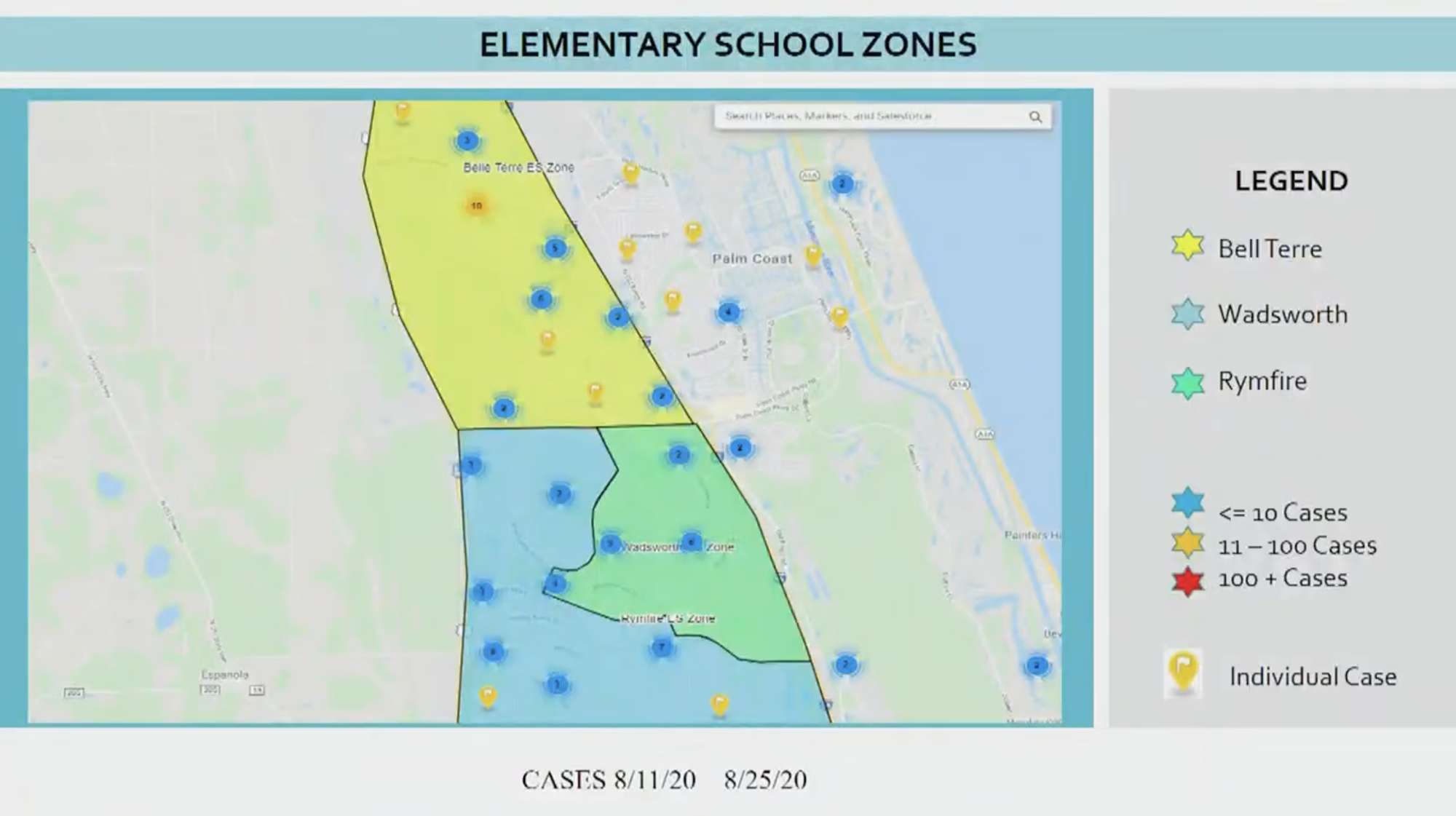 Known COVID-19 cases from individual testing are overlain on a map showing elementary school boundaries. Image courtesy of the city of Palm Coast