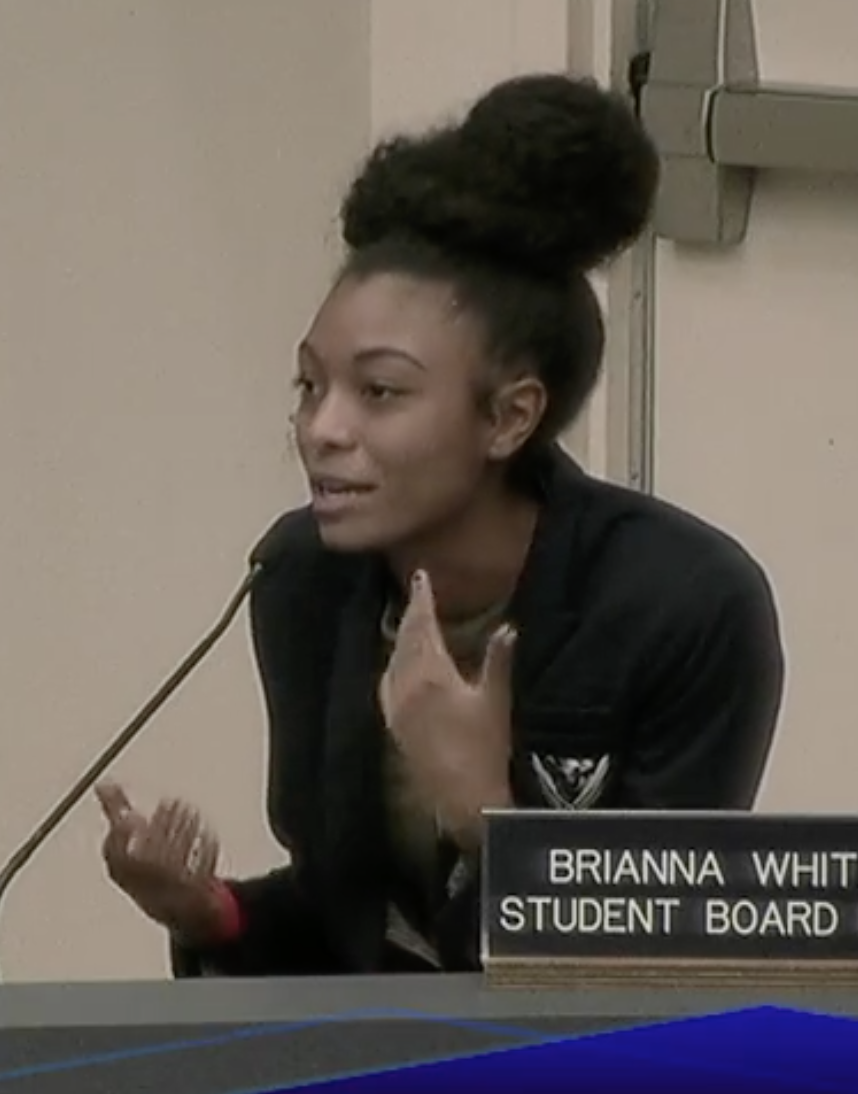 Brianna Whitfield was seated as a student board member on the School Board Sept. 15, representing Matanzas High School. Image from meeting livestream