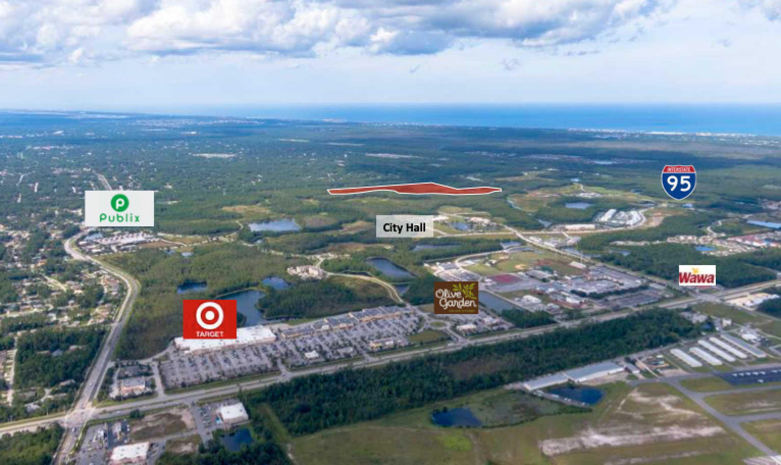 The red area in the distance is the location of the property purchased by Paytas Homes. The land bought by Toll Brothers is located just to the left. Courtesy image