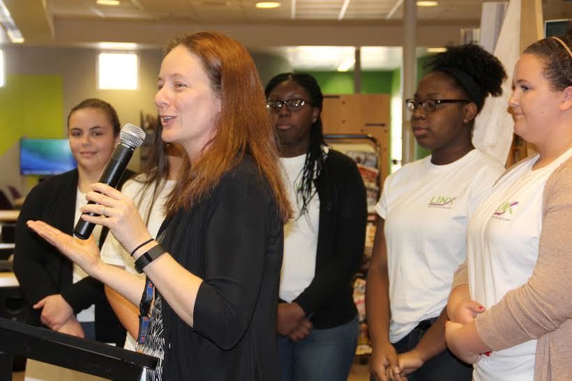 Media Specialist Sara Reckenwald, speaks at the ribbon cutting ceremony on Thursday, Feb. 18. Photo by Jacque Estes