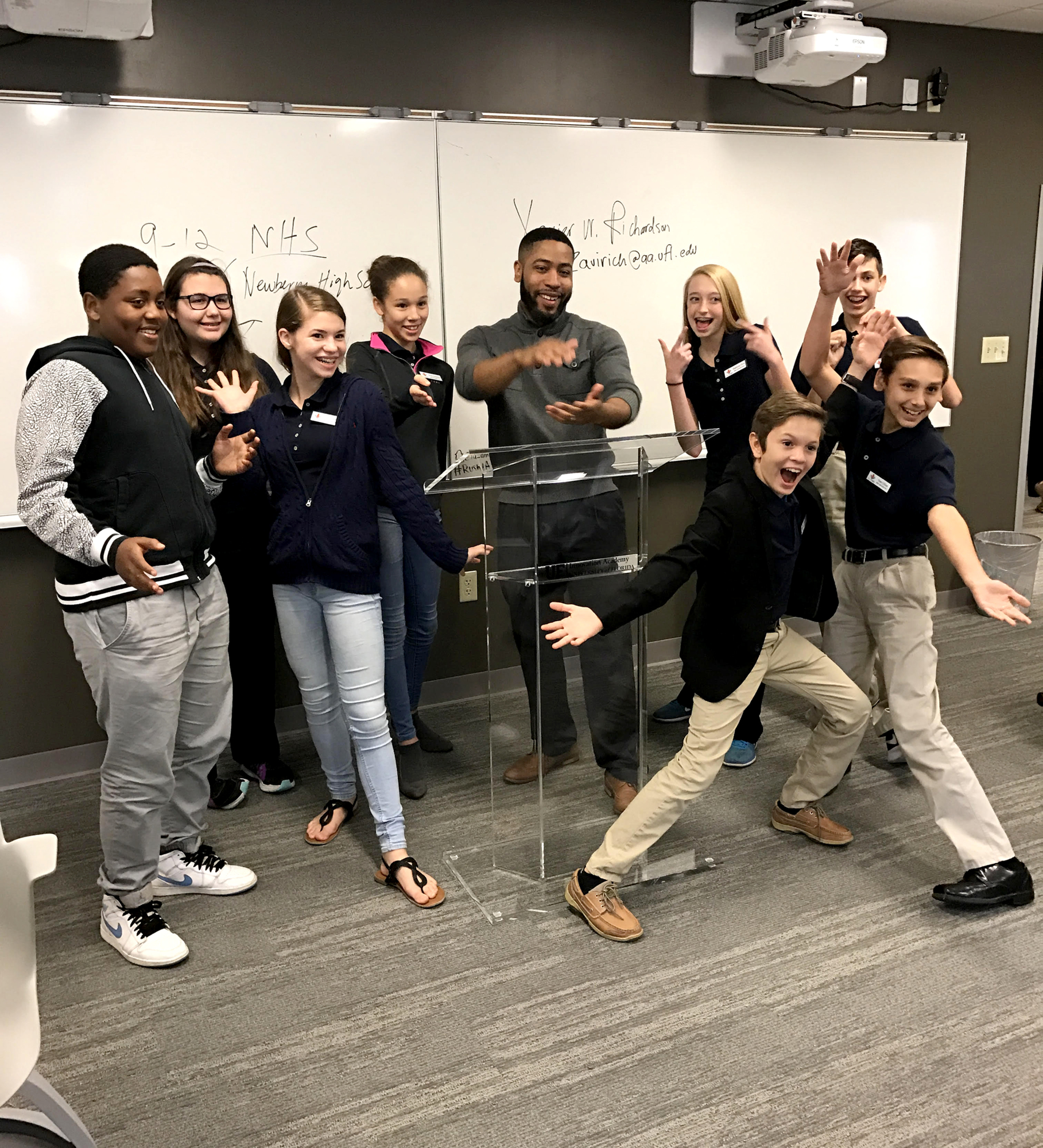 Xavier Richardson, academic advisor at the UF Innovation Academy (center) has fun with some Flagler students during a field trip to the Gainesville campus. Courtesy photo