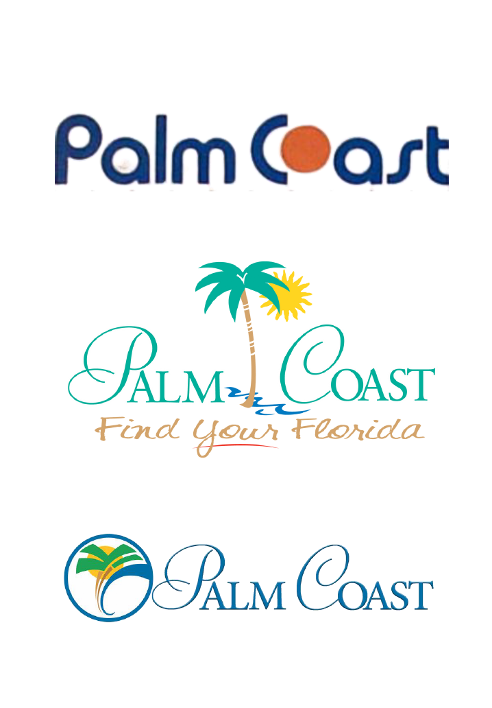 Three generations of Palm Coast's logo: The 1970 ITT version, the 1999 version created when Palm Coast incorporated, and the proposed new version with the icon logo. Image courtesy of the city of Palm Coast