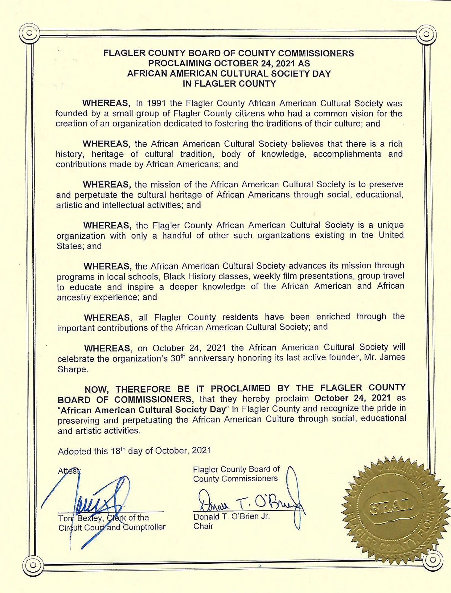 The proclamation from the Flagler County Board of Commissioners.