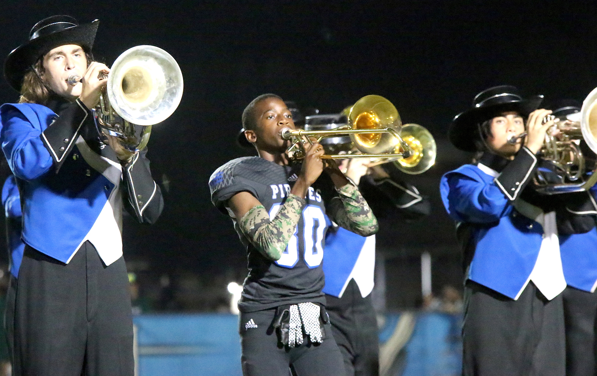 No time off for football player/musician Jeff Powell (80). Photo by Brent Woronoff
