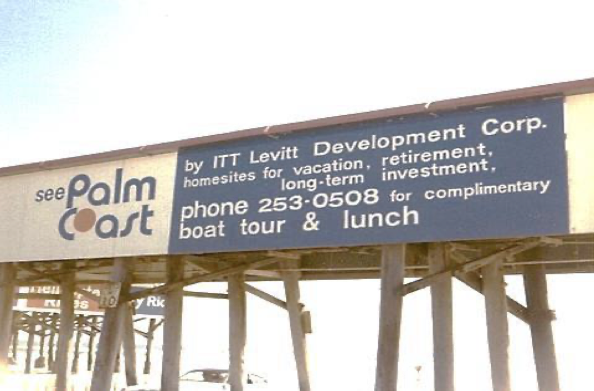 In an ad on the Flagler Beach pier, ITT Levitt offered boat tours of the nascent community of Palm Coast. Image from The Palm Coast Historian