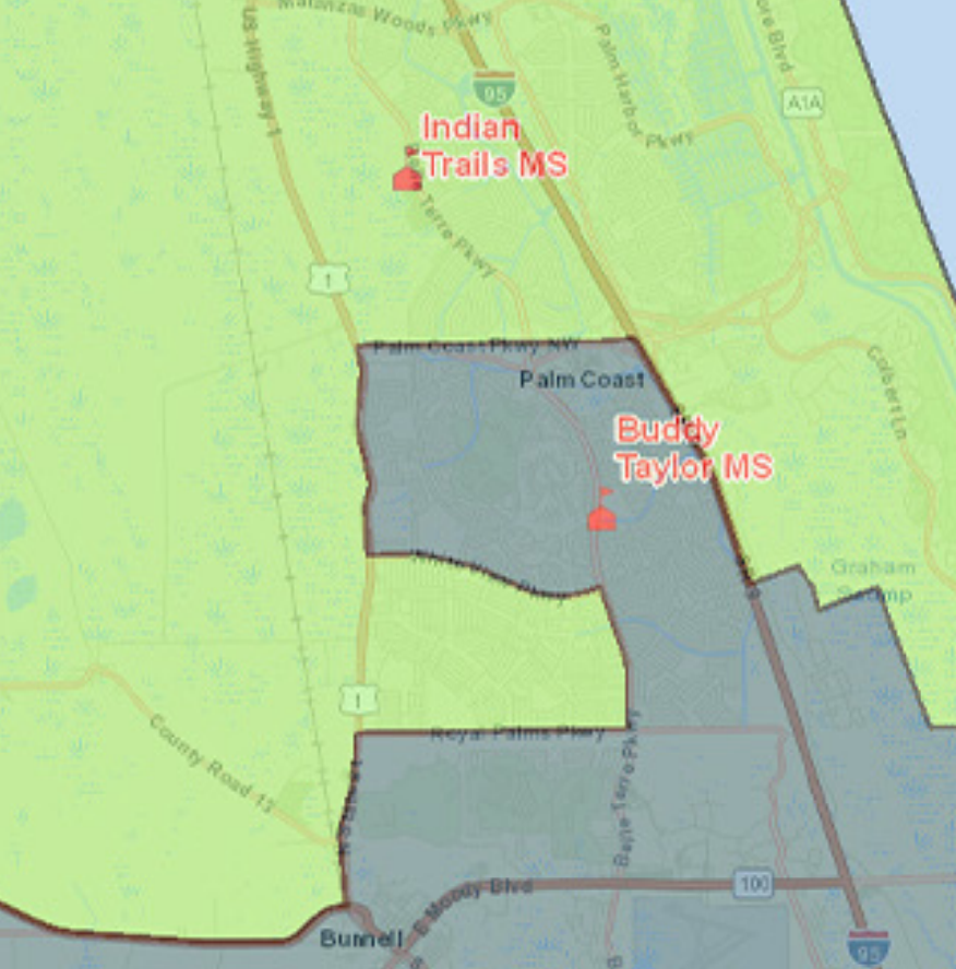 Middle school rezoning: The R-section has been rezoned for Indian Trails Middle School beginning in 2022-23. (ITMS zone in green. BTMS zone in gray). Flagler Schools map. 