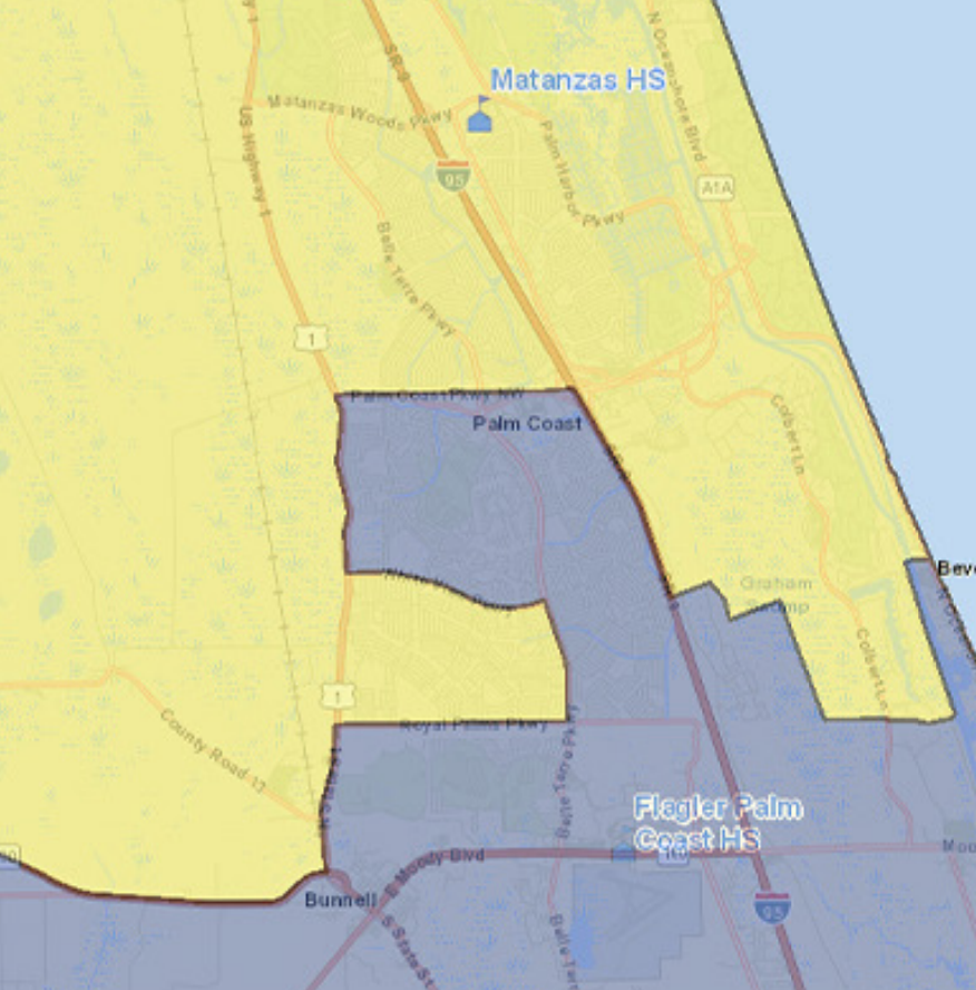 High school rezoning: The R-section has been rezoned for Matanzas High School beginning in 2022-23. (Matanzas zone in yellow. FPC zone in gray). Flagler Schools map. 