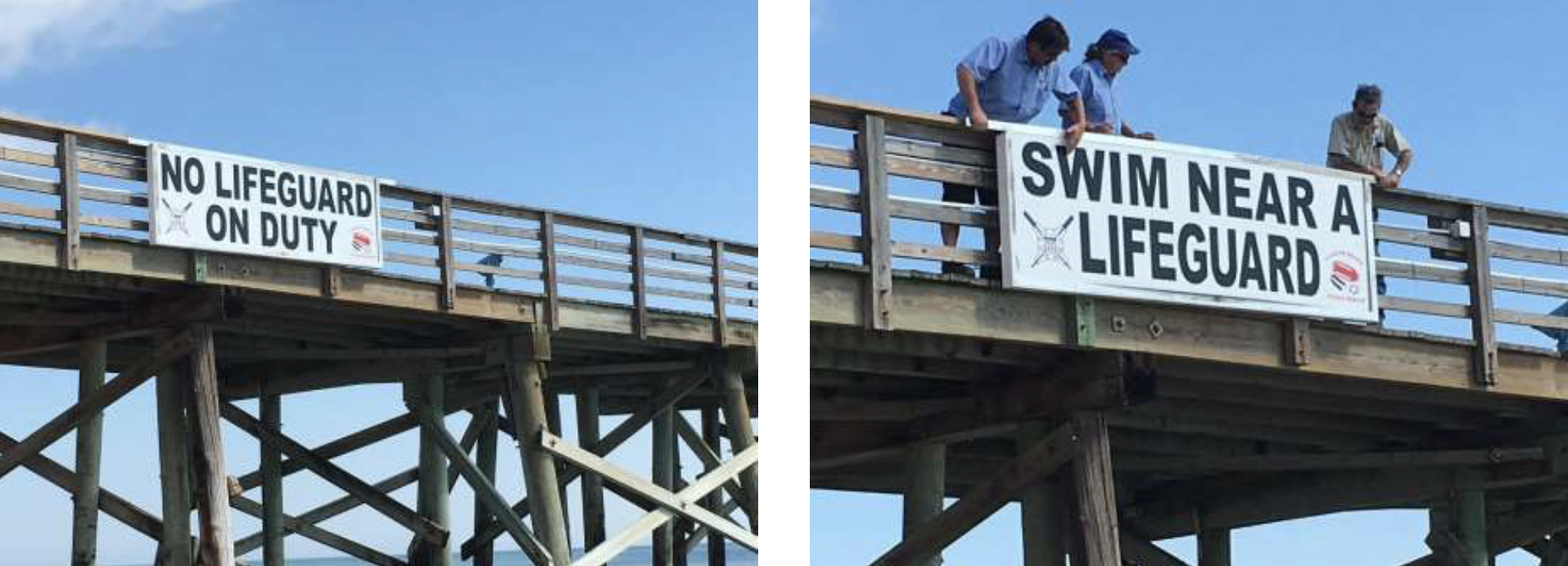 A sign on the pier can be flipped to tell people to swim near a lifeguard, or to warn that there's no lifeguard on duty. Photo courtesy of the city of Flagler Beach