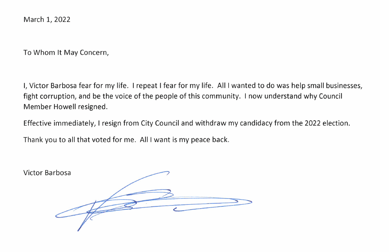 Barbosa's resignation letter.