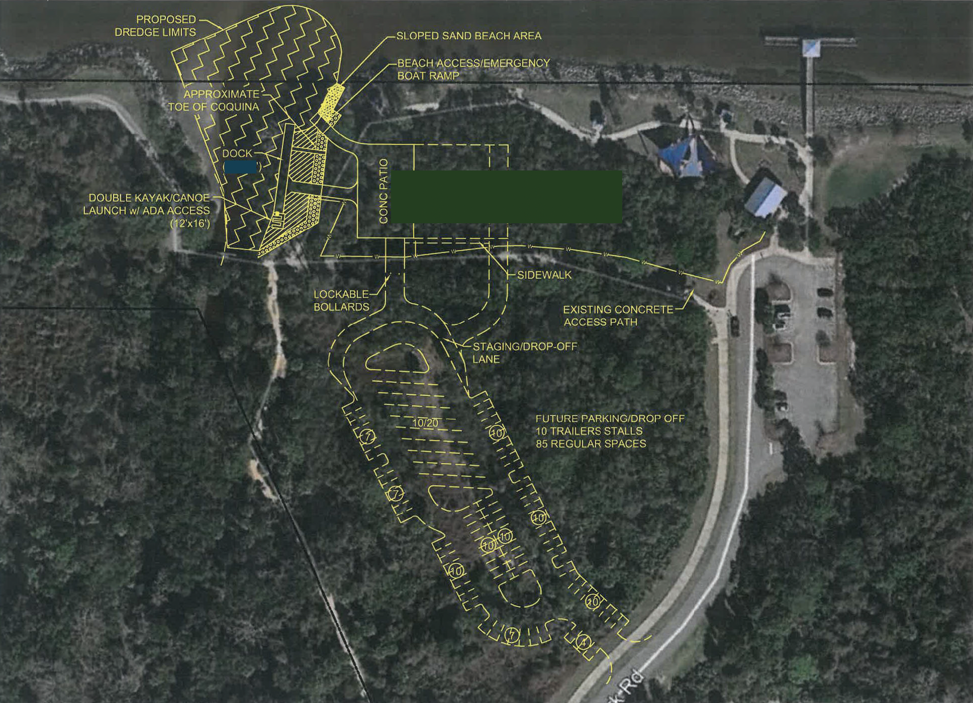 Planned work at Waterfront Park will add a kayak and canoe launch, staging area, parking and concrete patio, as shown in this site plan displayed at a City Council meeting.