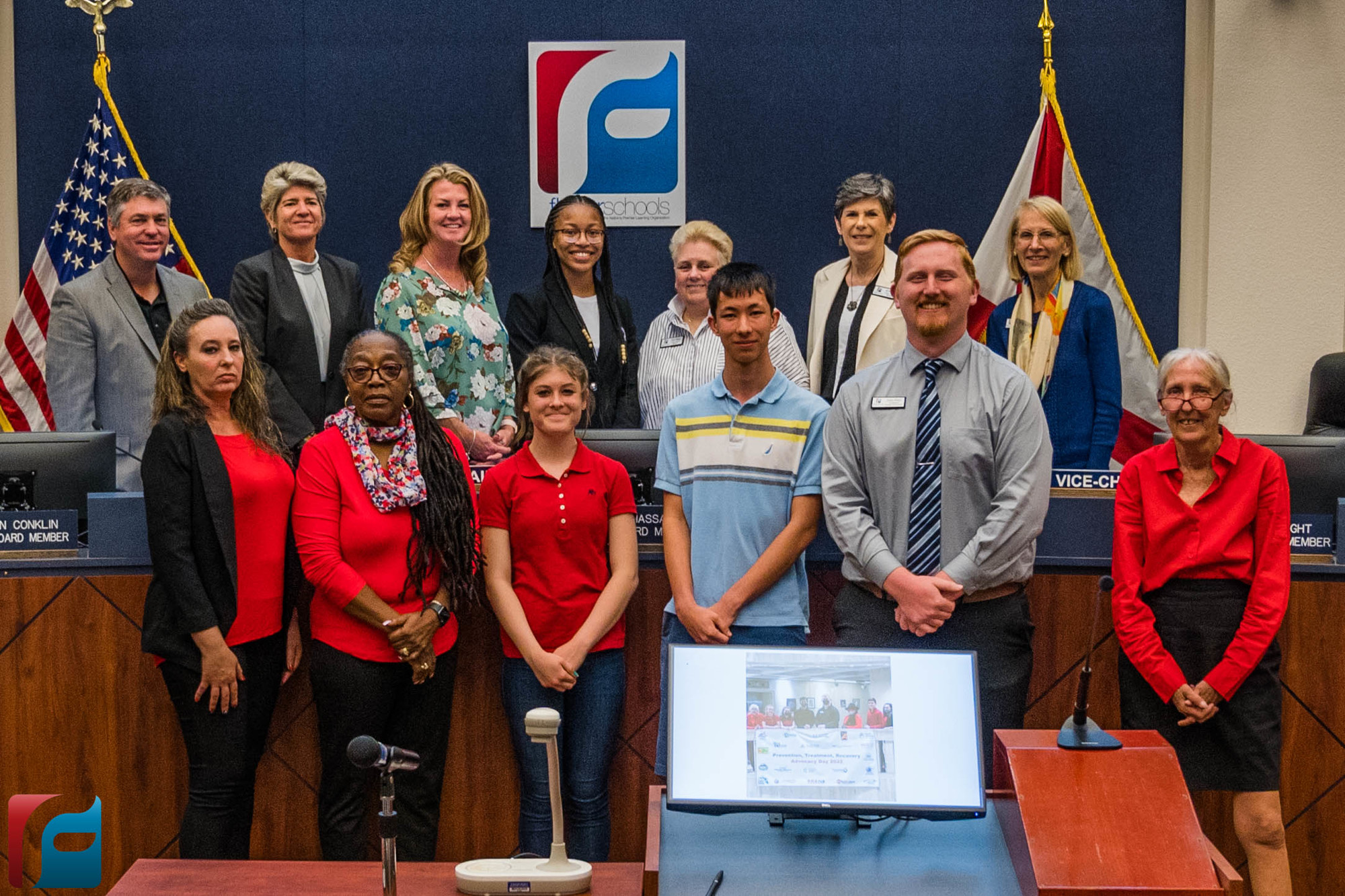 Sponsors and students representing Flagler County's contingent at  Youth Advocacy Day in Tallahassee pose with the School Board. Courtesy photo by Flagler Schools
