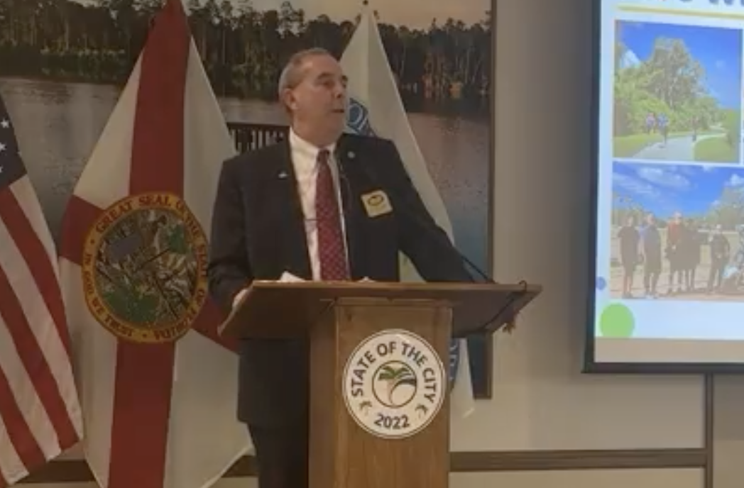 Palm Coast Mayor David Alfin speaks in a livestream of the 2022 State of the City address at the Palm Coast Community Center.