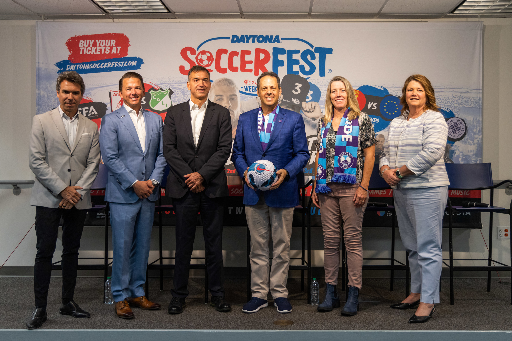 Frank Kelleher, President of Daytona International Speedway; Ignacio Galarza, CEO of Torneos; Liz Dalton, NWSL Managing Director Competition and Player Affairs; Mark Wilf, Orlando Pride Chairman and Owner; Amanda C. Courtesy photo