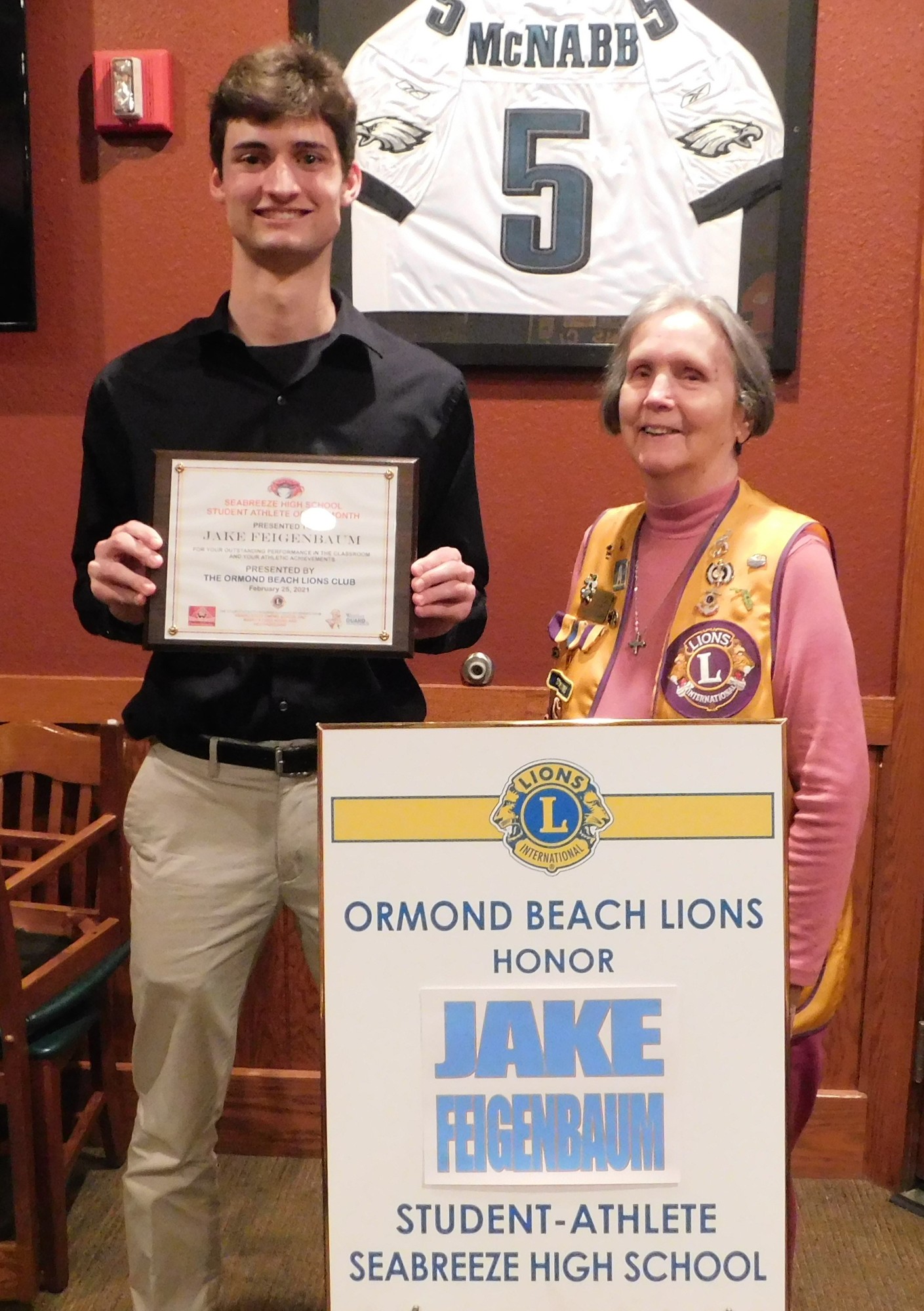 Jake Feigenbaum and Lions Club President Eleanor Callon. Courtesy photo