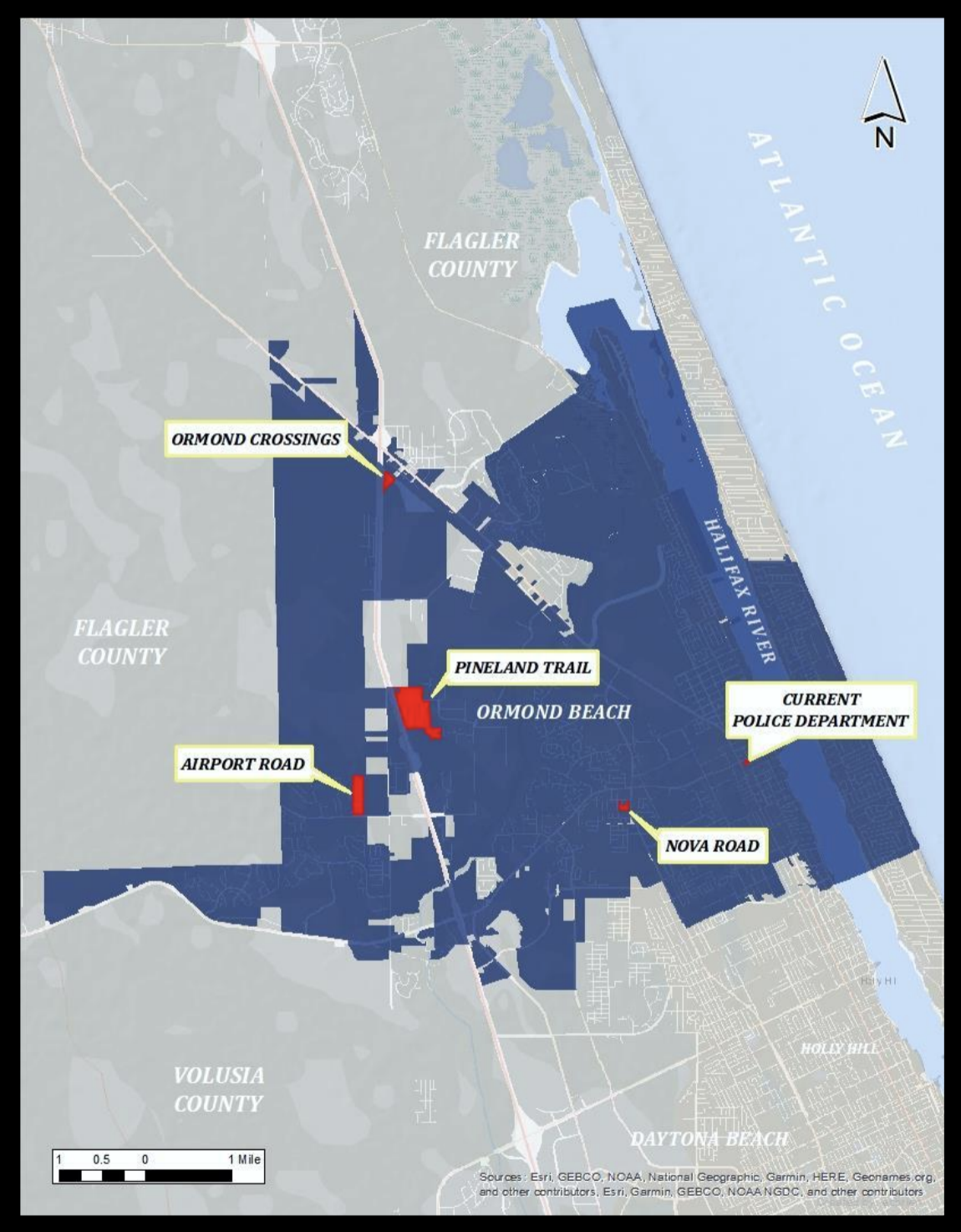 A map showing all city-owned properties that could house a new police department and emergency operations center. Courtesy of the city of Ormond Beach/Zev Cohen and Associates