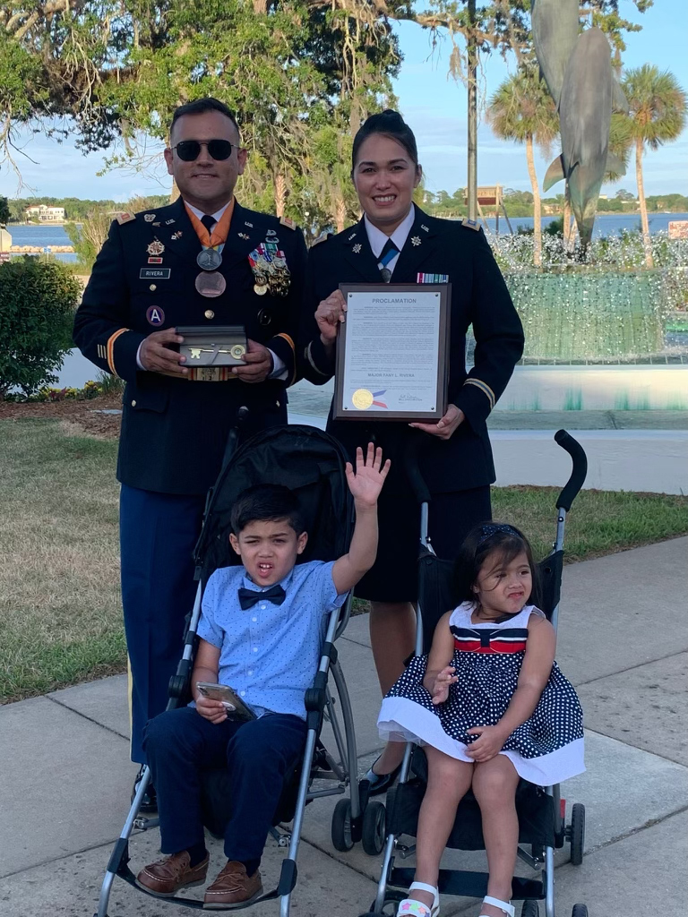 Retired U.S. Army Maj. Jean Rivera, retired U.S. Army Maj. Fany Rivera, and their children JeanFranco and Esther outside City Hall on June 1. Courtesy photo