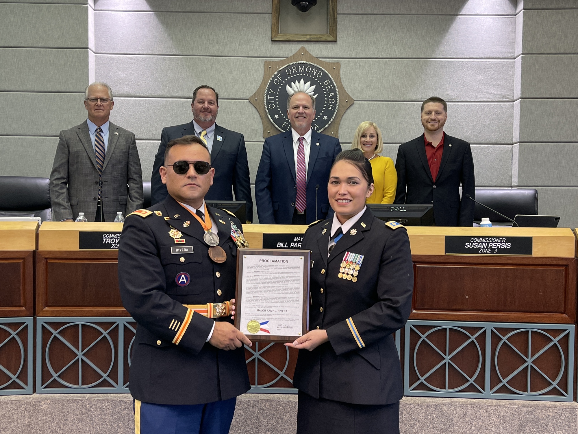 Retired U.S. Army Maj. Jean Rivera and retired U.S. Army Maj. Fany Rivera with the Ormond Beach City Commission. Courtesy photo