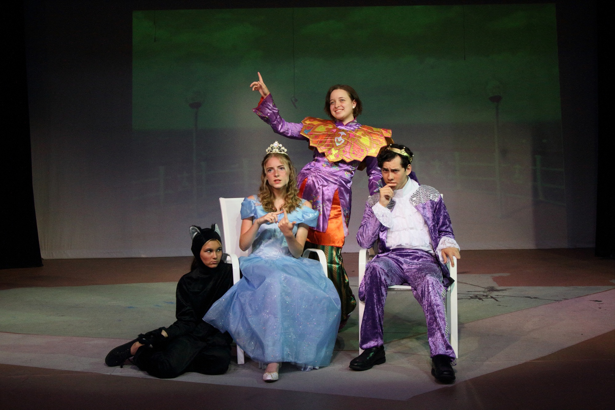 Carma Raymond, as Cat, Sadie Martin as Cinderella, Madelyn Stark as Twanky and Joshua Lingo as Prince Charming. Photo courtesy of Candace Davis