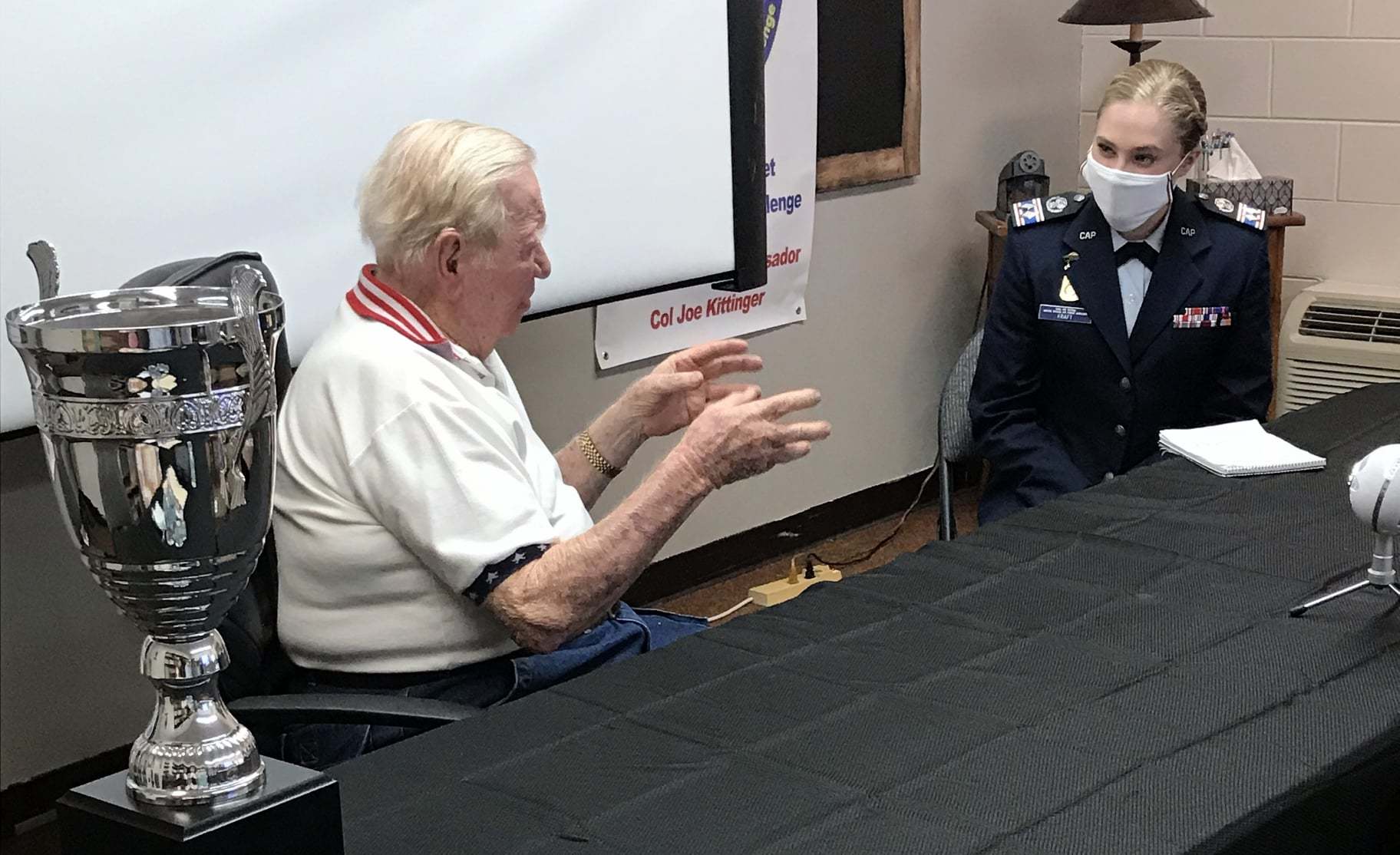 Cadet Lt. Col. Emily Kraft interviews retired Col. Joe Kittinger. Courtesy photo