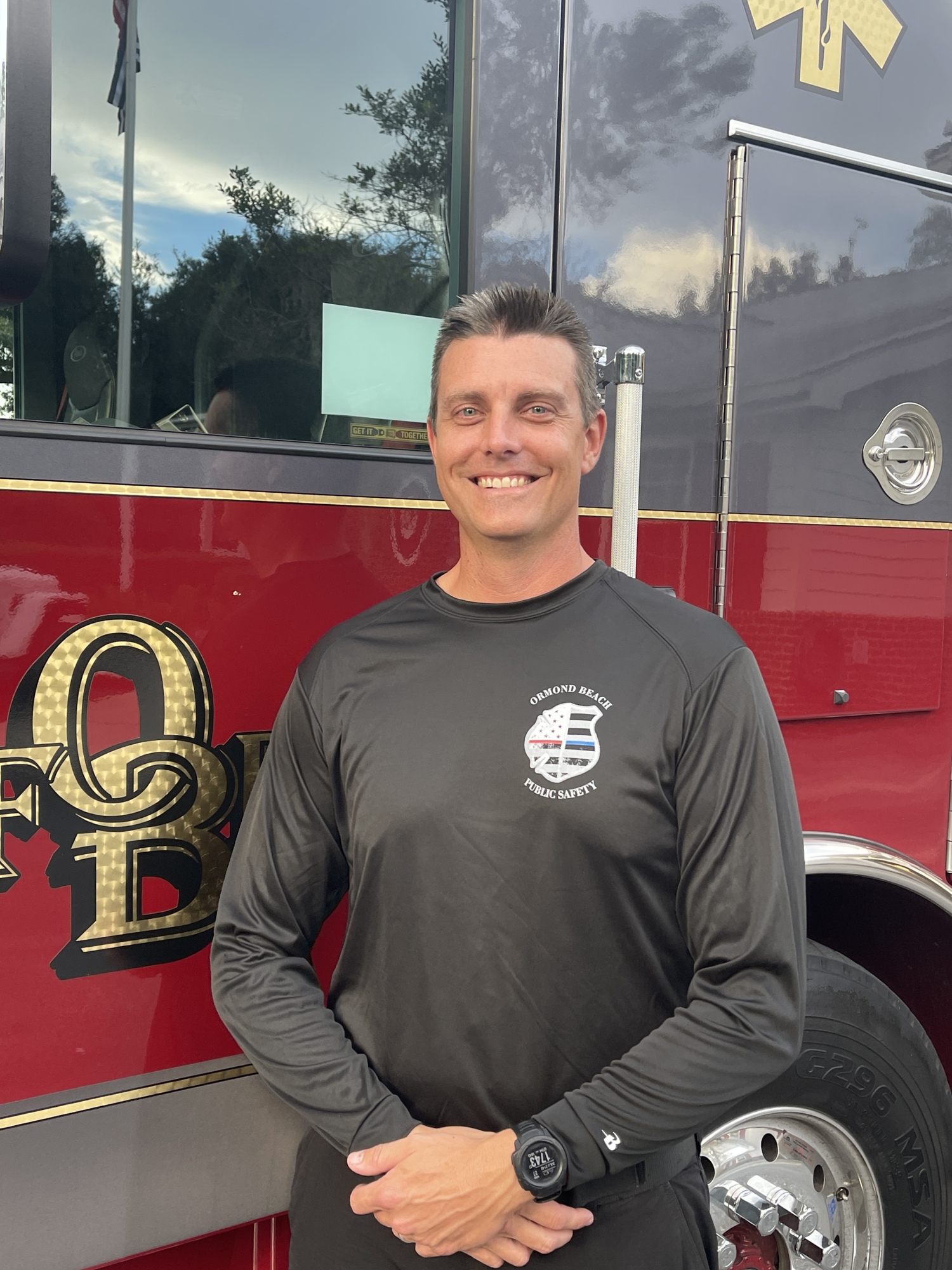 Ormond Beach Fire Battalion Chief Nate Quartier sports the new shirt, gifted by the city. Courtesy photo
