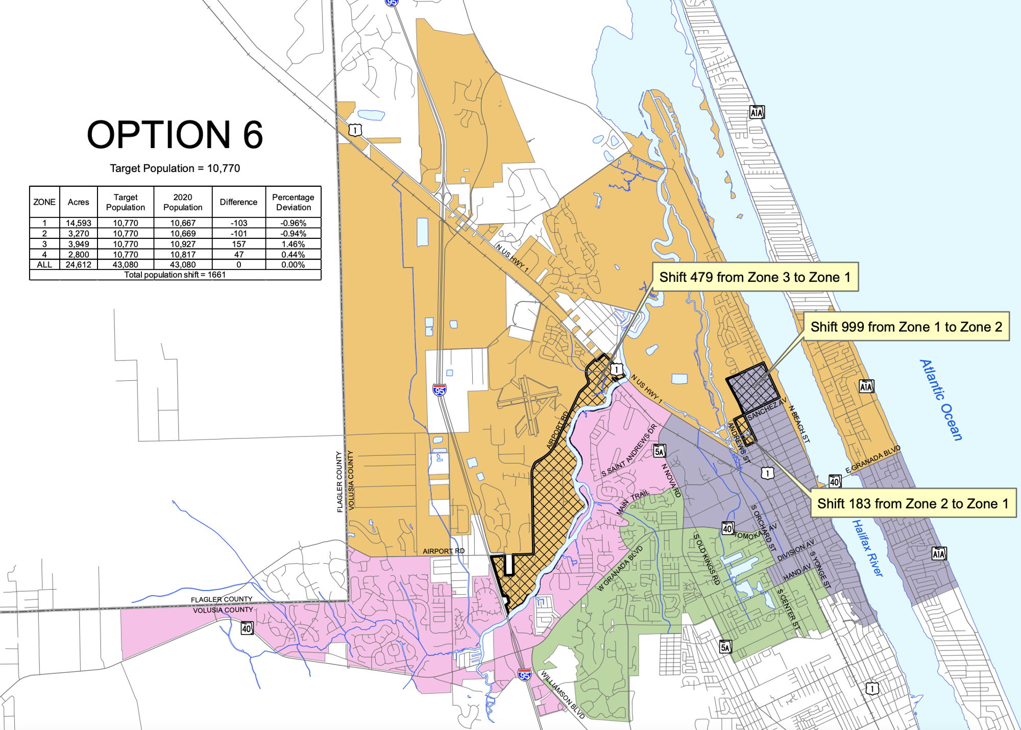 A map showing “Option 6,” the favored redistricting plan by the Ormond Beach City Commission, though some modifications were made at the workshop. Map courtesy of the city of Ormond Beach