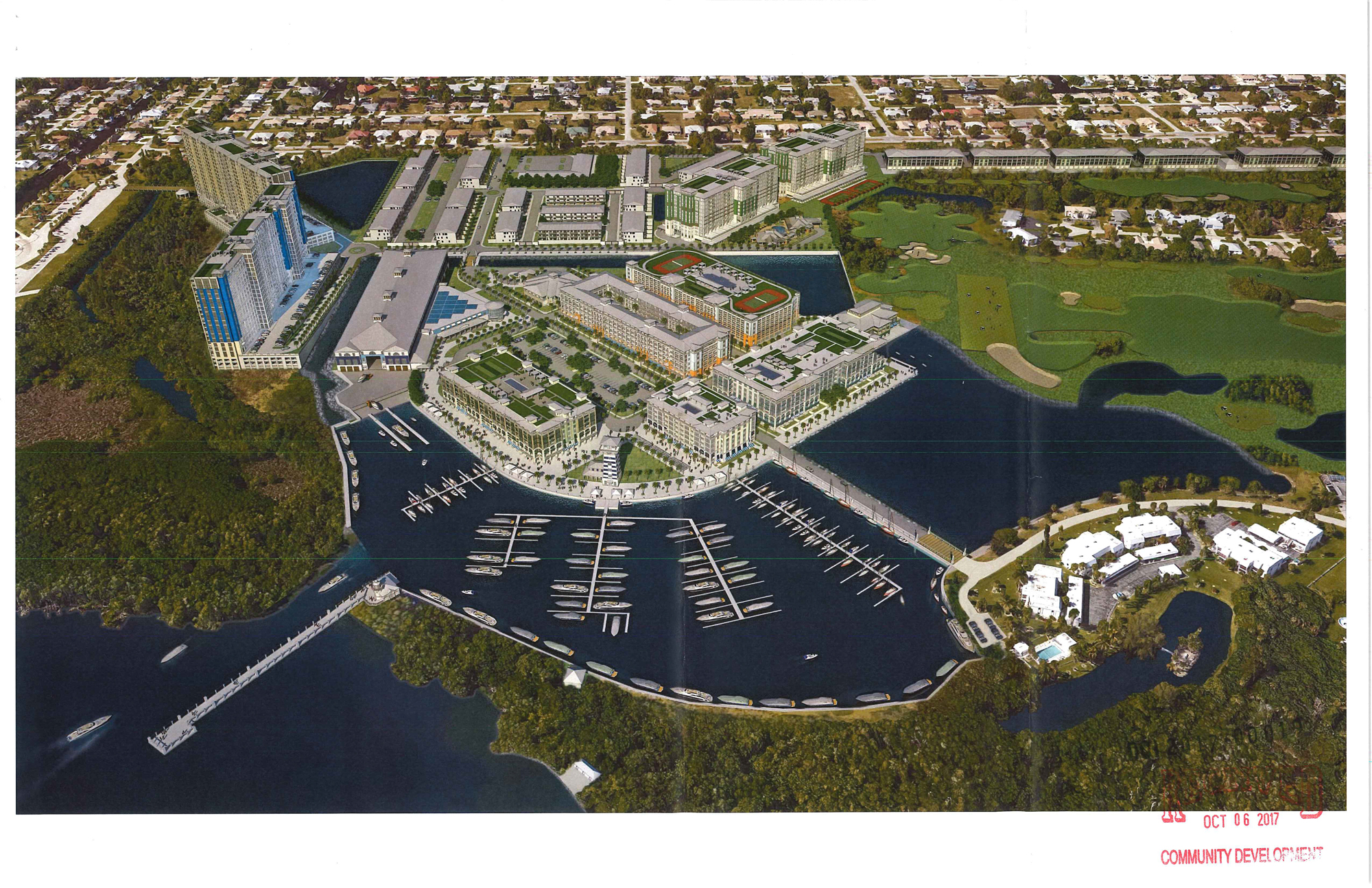 Rendering of the proposed Paradise Isle development shows the expanded marina and a portion of  the revamped golf course. Courtesy Hole Montes
