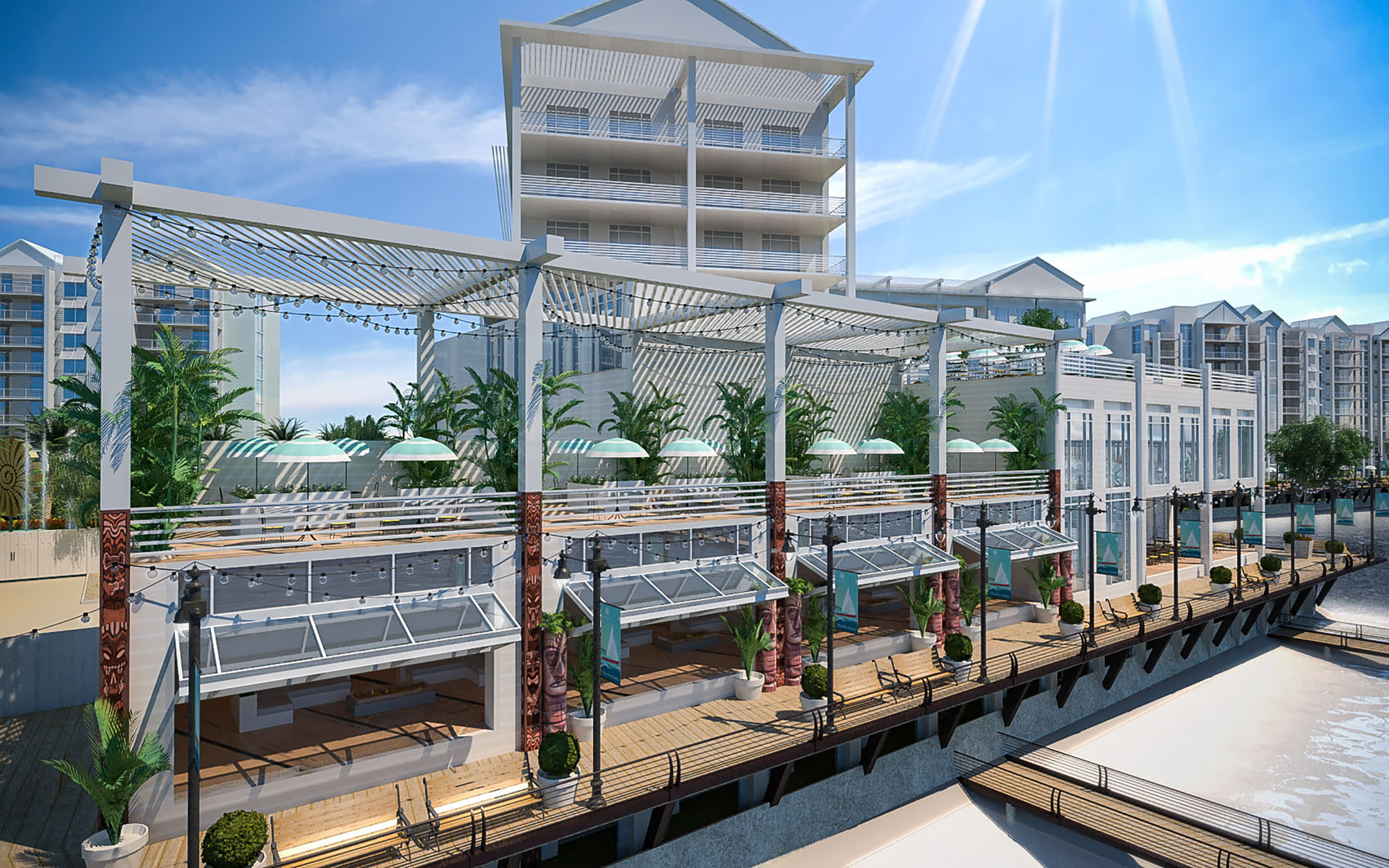 Restaurants and bars along the Sunseeker boardwalk will be available to the public as well as resort guests. Courtesy Sunseeker Resorts