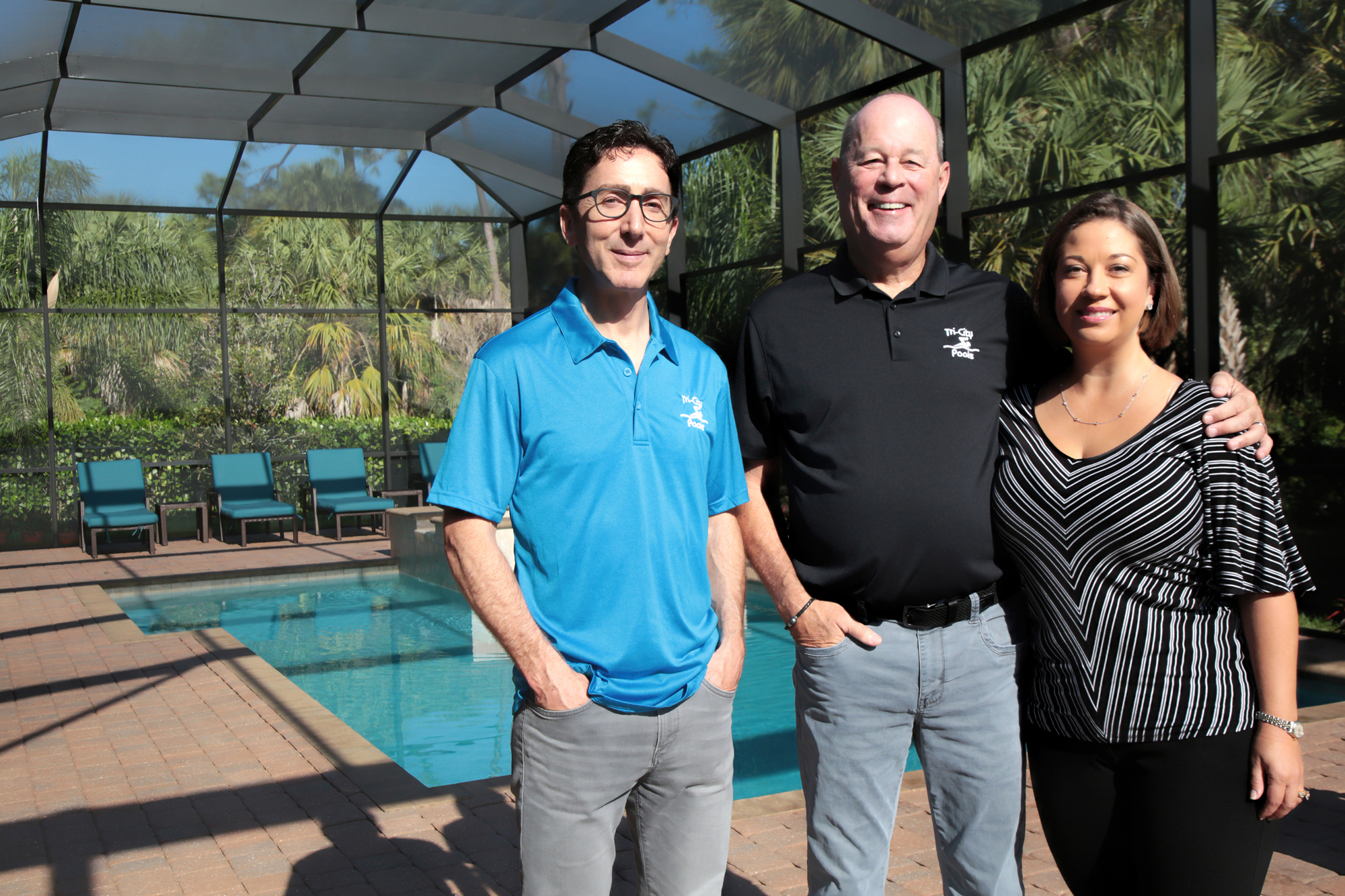 From left, Eric Dobson, Dan Buettin and Taylor Curry own Tri-City Pools and plan to grow the combined commercial and residential pool company by applying a professional, efficient approach to the industry. Stefania Pifferi photo
