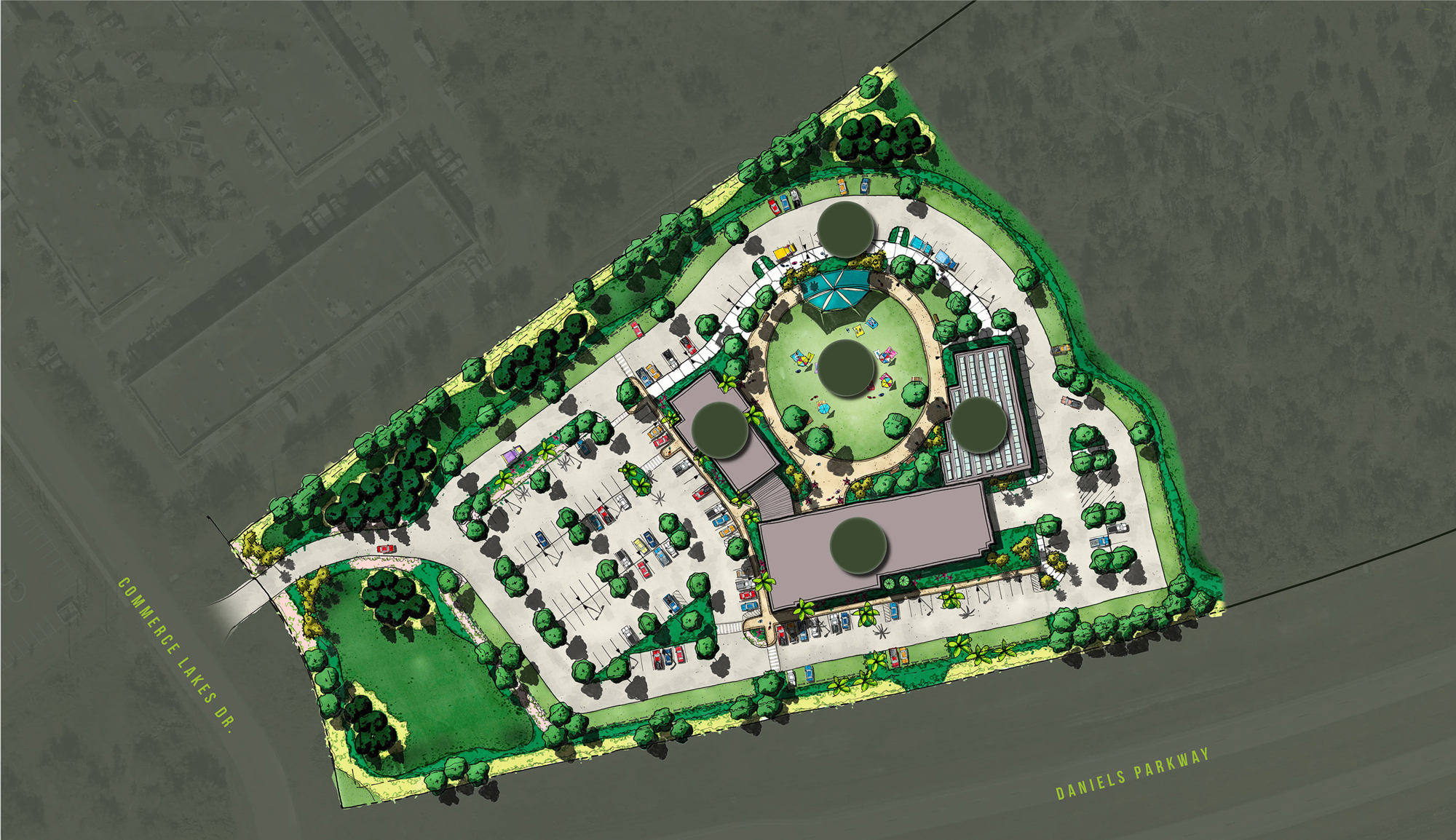 The master plan for Fort Myers Brewing includes a beer hall (left building), brewer  and tank farm surrounding an event lawn.