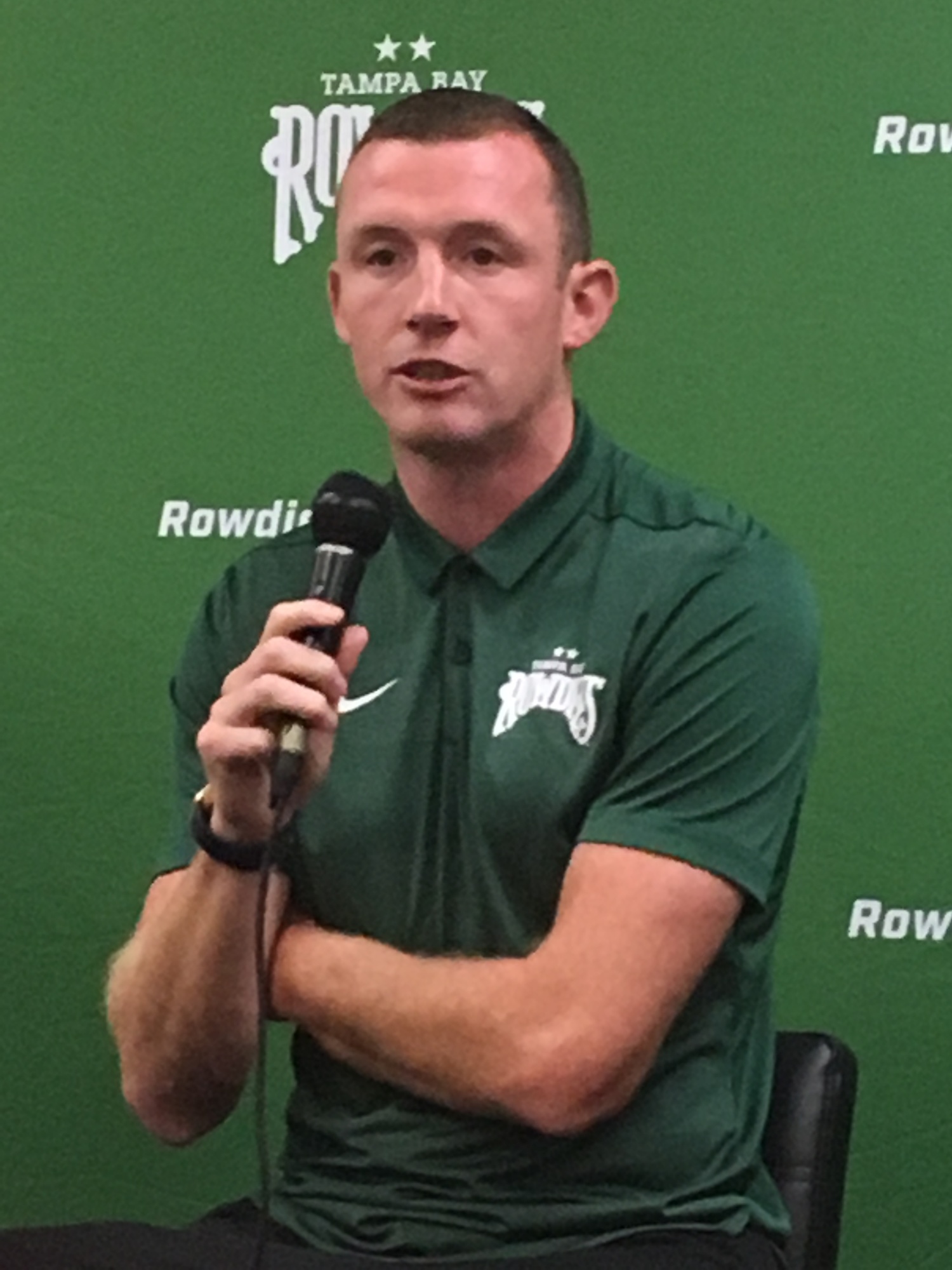 Brian Hartz. Tampa Bay Rowdies head coach Neill Collins addresses guests of the team's Business of Soccer panel discussion Aug. 7.