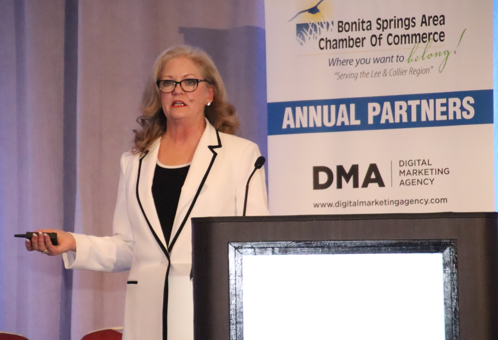 Dianne Jacob gave a presentation to a large audience at the Bonita Springs Area Chamber of Commerce's annual awards celebration at the Hyatt Coconut Point in Estero. Photo by Jim Jett.