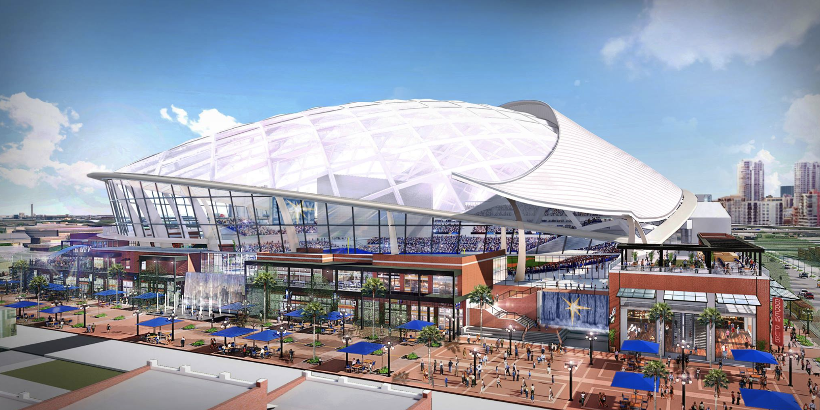 A rendering of the proposed $892 million Tampa Bay Rays stadium in Ybor City. Tampa leaders say the ballpark plan remains viable despite the Rays pulling the plug on a deal in December 2018. Courtesy photo.