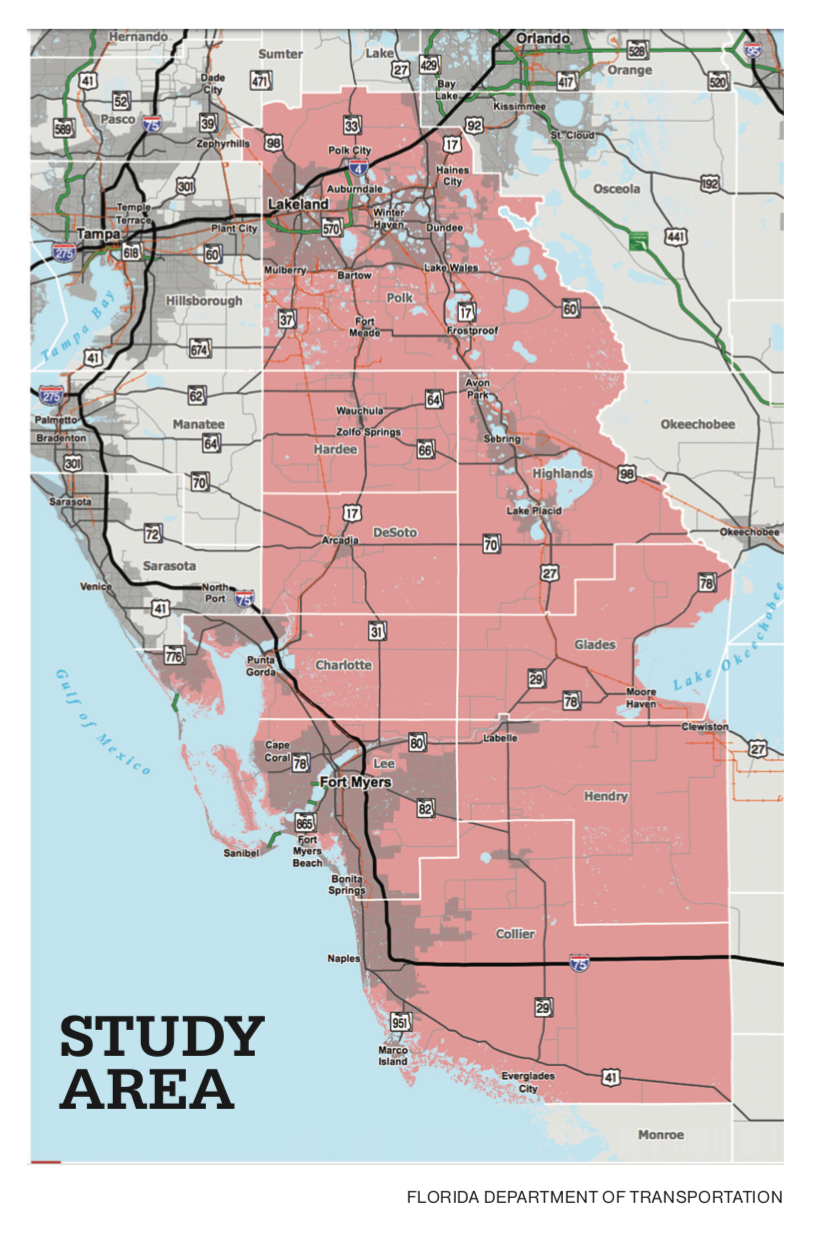 The study area of the Southwest-Central Florida Connector includes Collier to Polk counties. 