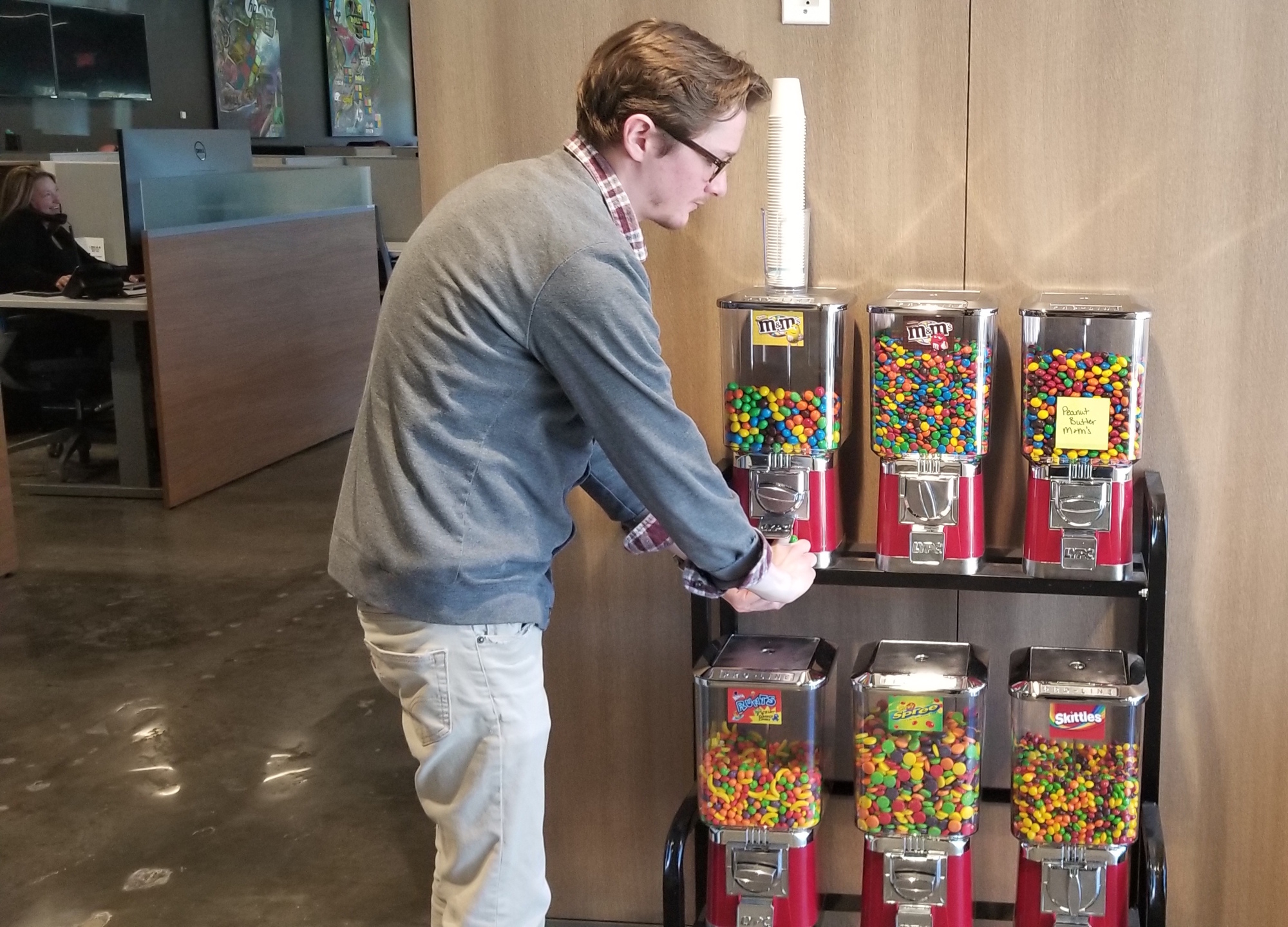 Courtesy. The lobby at Atlas Professional Services in Tampa has a candy machine where employees can grab a handful of M&Ms or Skittles.