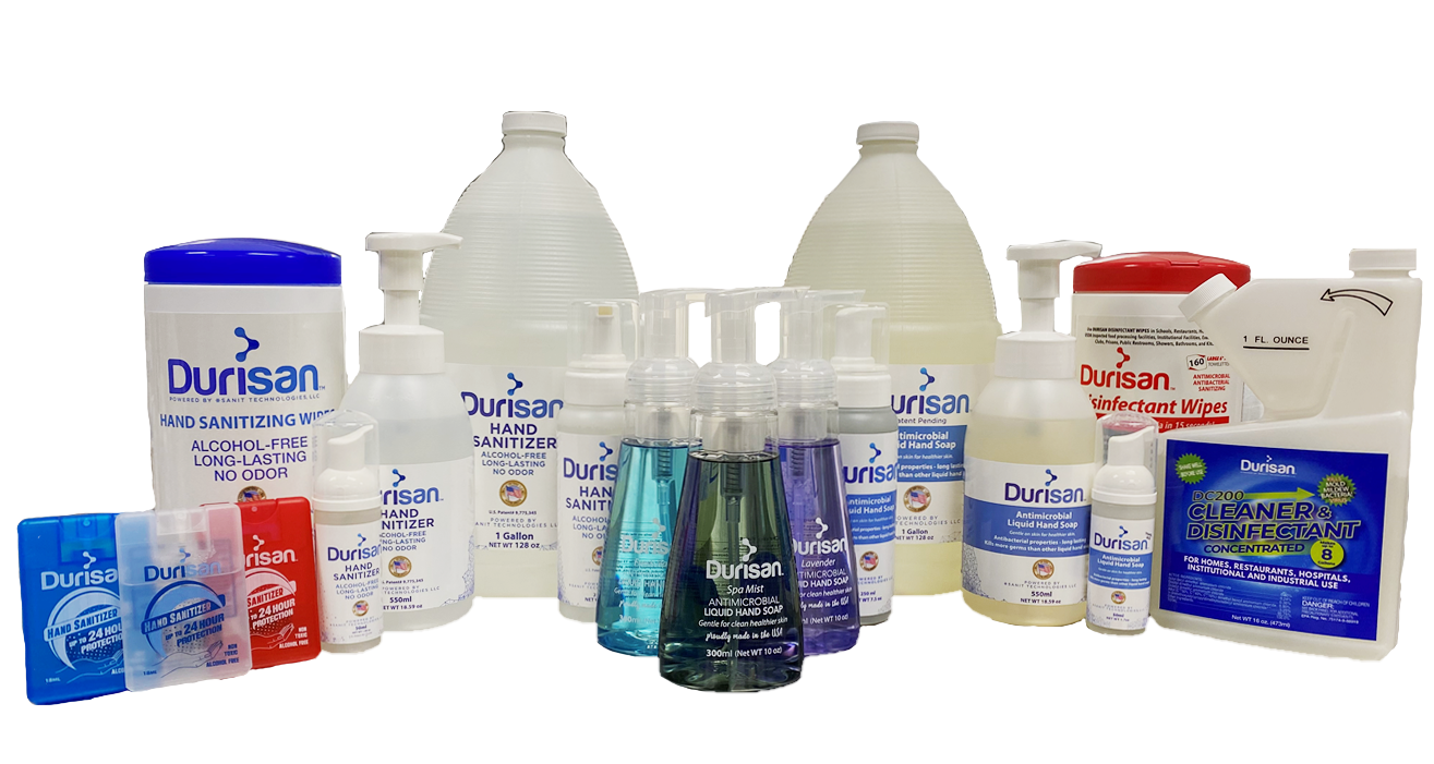 Courtesy. Durisan makes hand sanitizer, hand soap and disinfecting surface wipes.