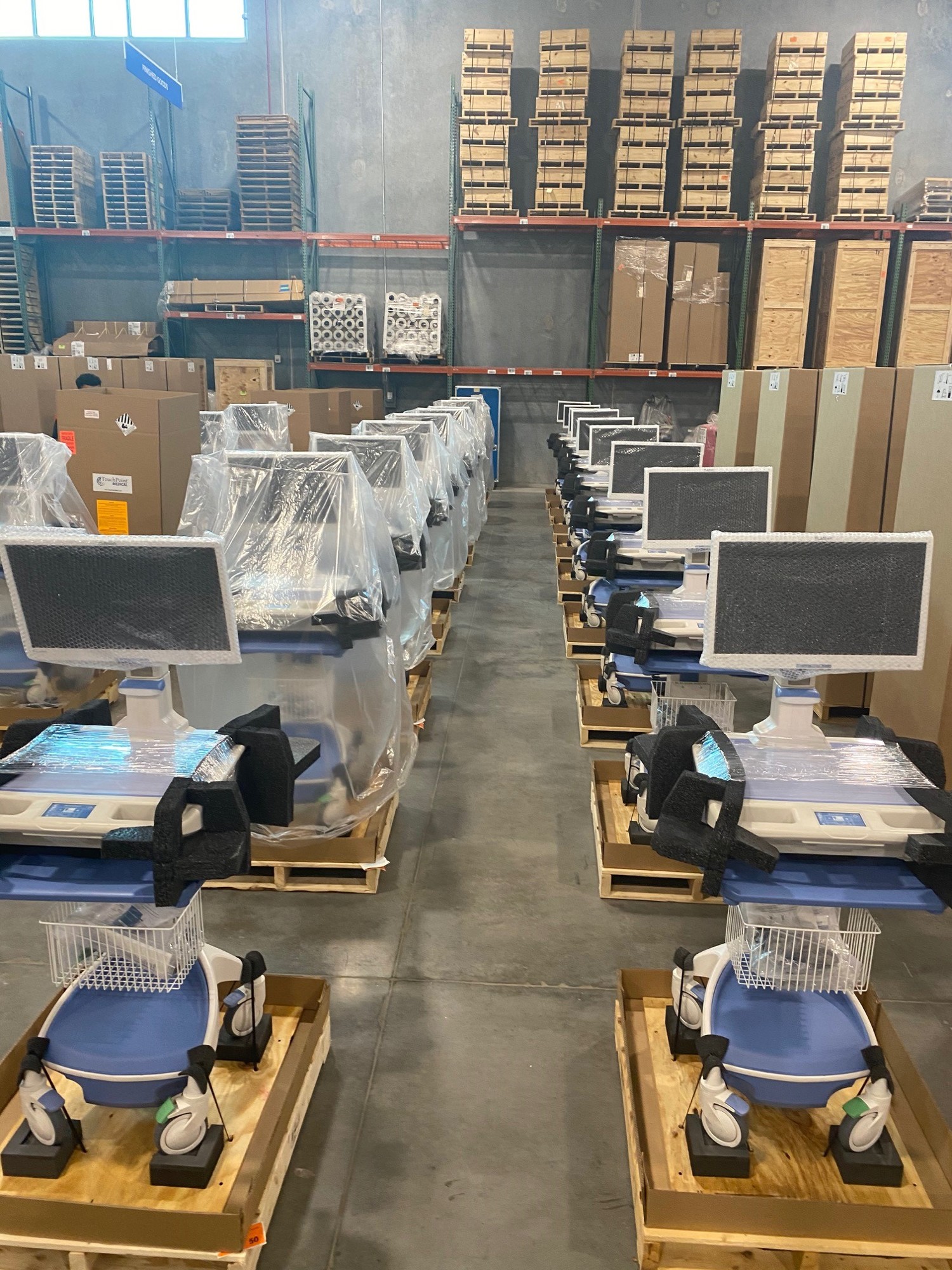 TouchPoint Medical workflow carts ready to be shipped to hospitals and other health care providers around the country. The carts are in high demand amid the COVID-19 crisis. Courtesy photo.