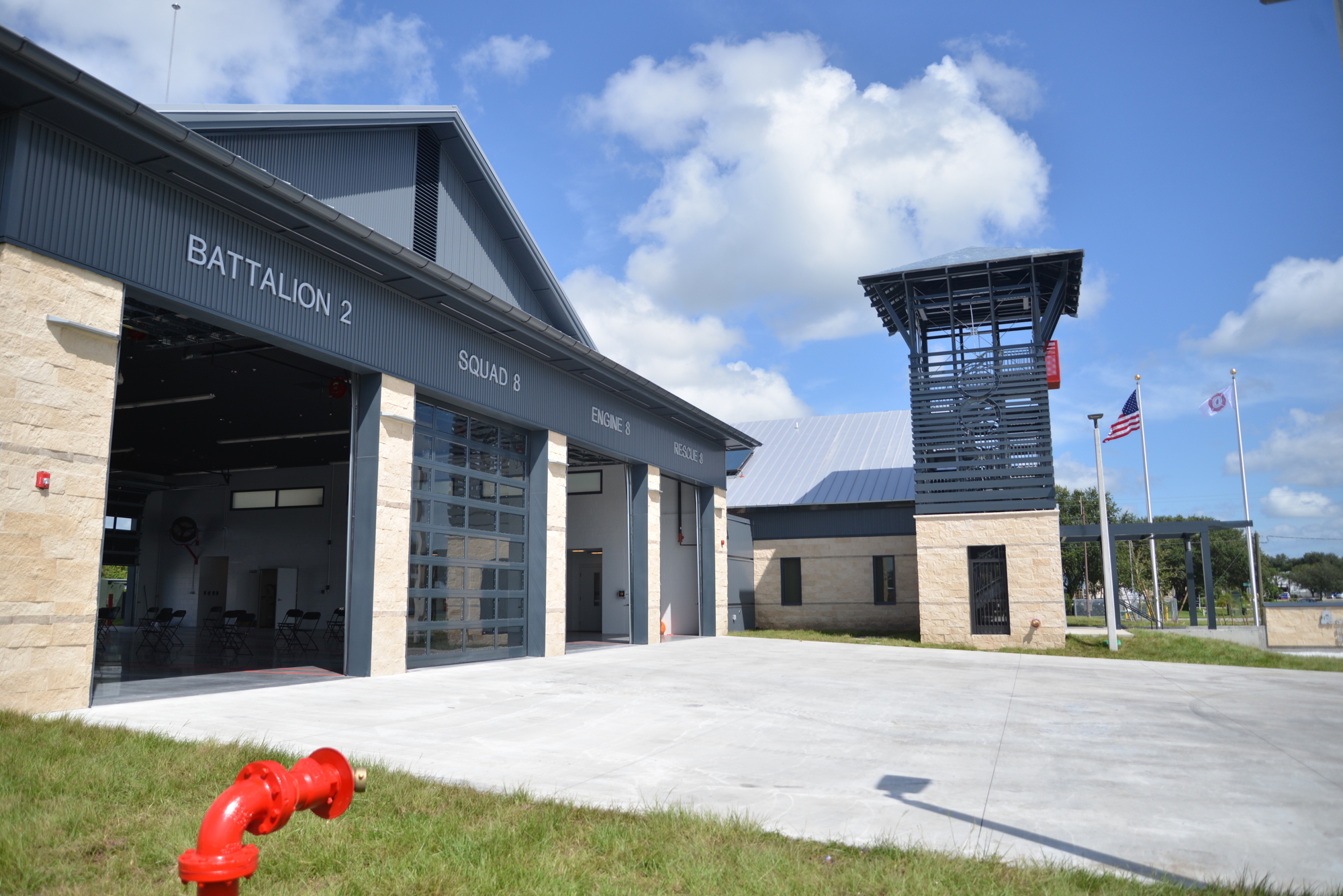Courtesy, Sarasota County Communications. The main station has 14 bunk rooms, a kitchen and dining area, offices, an exercise room, a day room with chairs and a TV, a gear locker room and four garage bays.