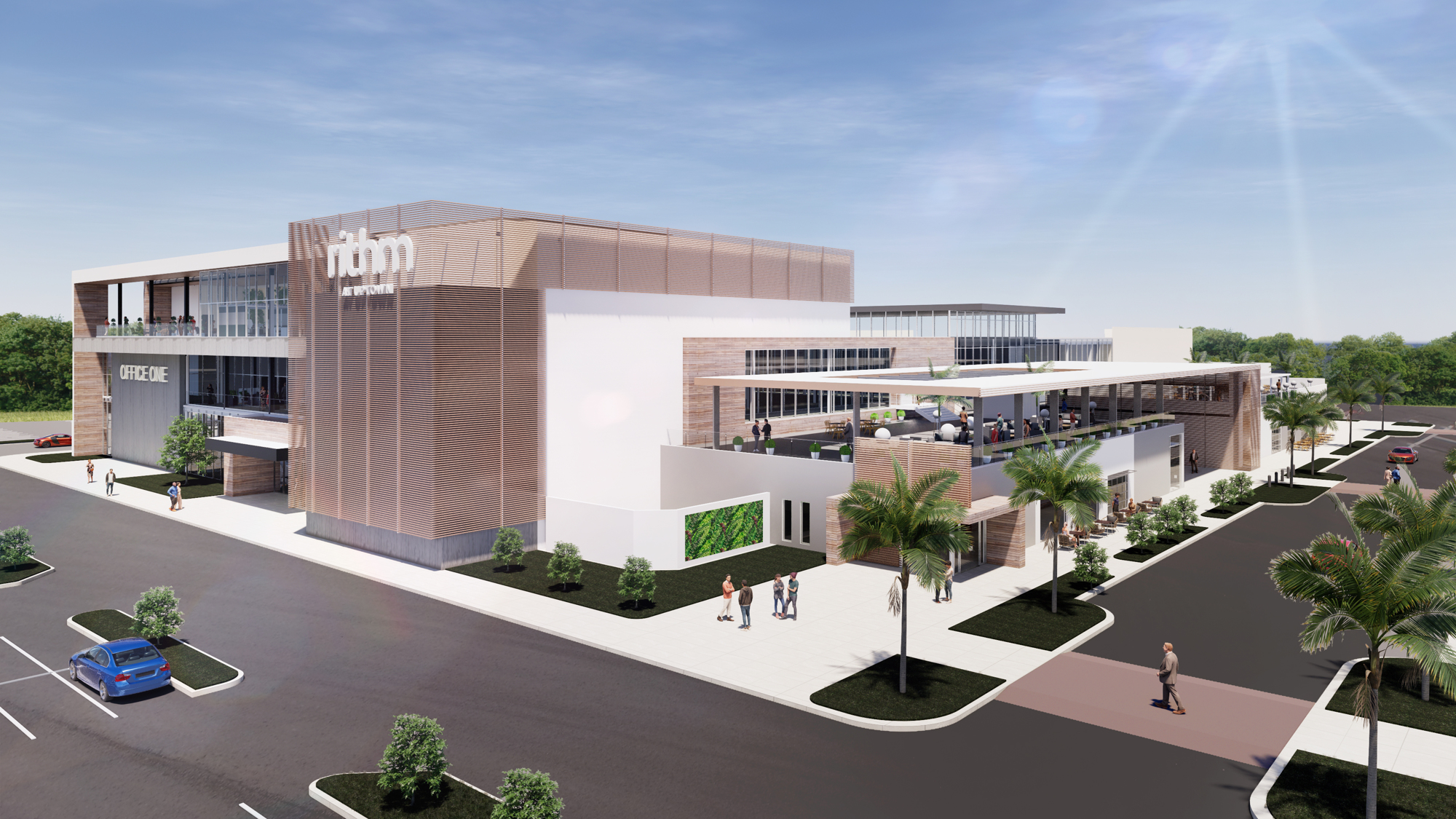 Courtesy. An exterior rendering of the planned 215,000-square-foot, mixed-use office building, named Base Camp, at Rithm At Uptown. The building replaces what was the J.C. Penney in the former University Mall.