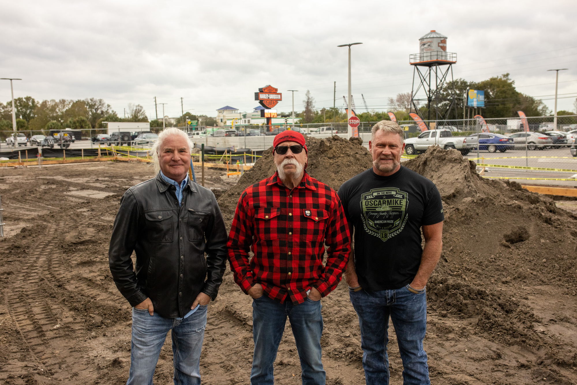 Courtesy. Bert King, owner of Bert’s Barracuda Harley-Davidson, and OCC Road House & Museum partners Paul Teutul Sr. and Keith Overton on the future site of the restaurant and attraction.