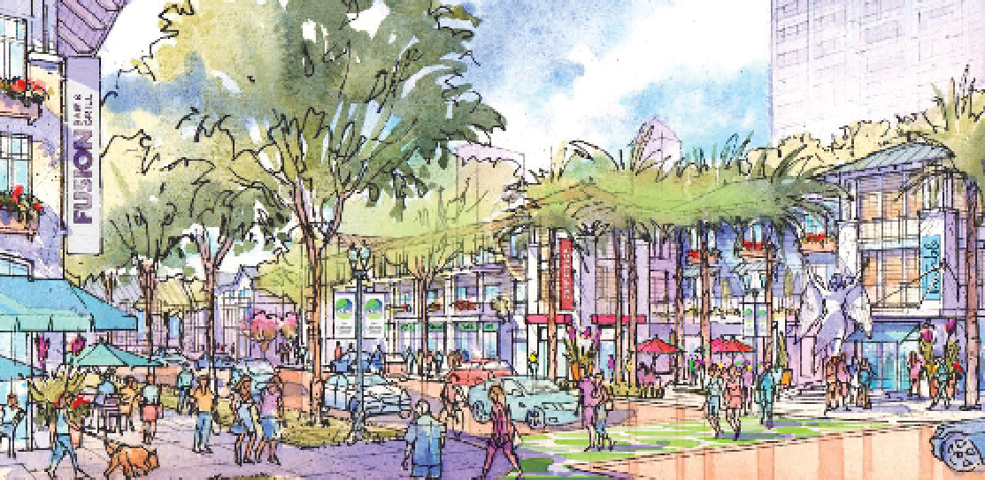 An artist’s rendering of the Cathedral District includes two-way streets, retail and residential and green space.
