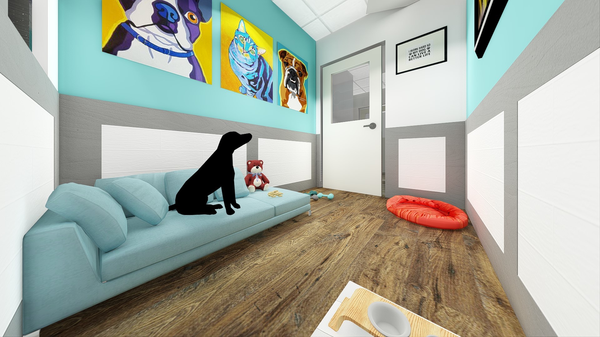 The prototype includes VIP rooms for dogs with plush beds and webcams so that owners can monitor their pets remotely.