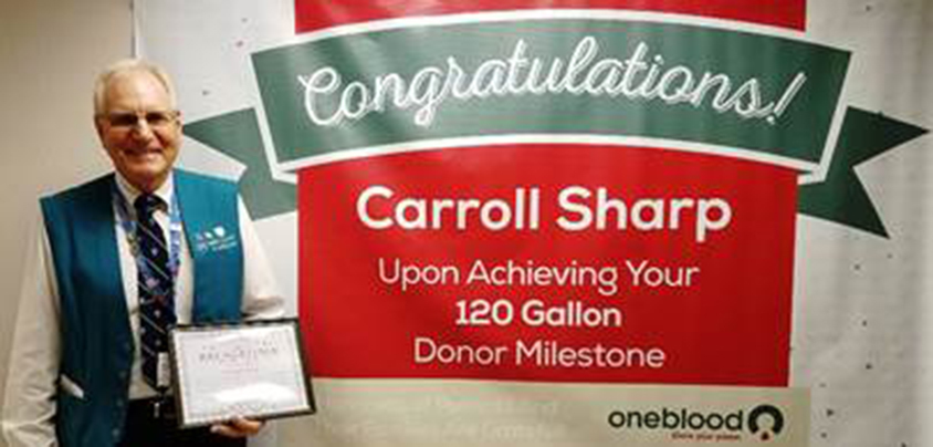 Carroll Sharp has donated 120 gallons of blood to OneBlood. He also volunteers at Mayo Clinic.