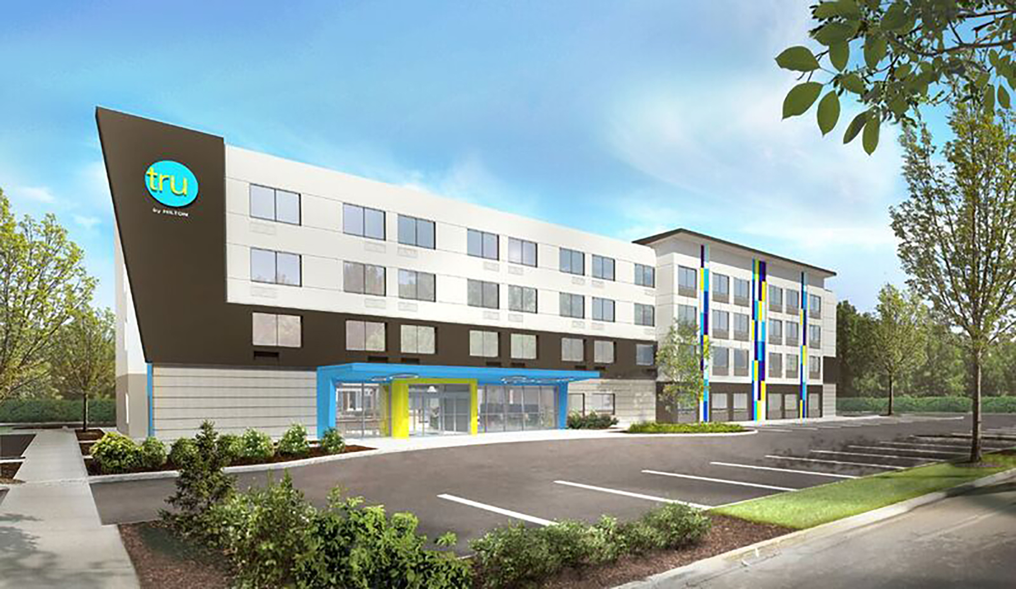 A rendering of Tru by Hilton. A Tru by Hilton is planned at Merrill Road and the Southside Connecter. Another is in development in Town Center Promenade.