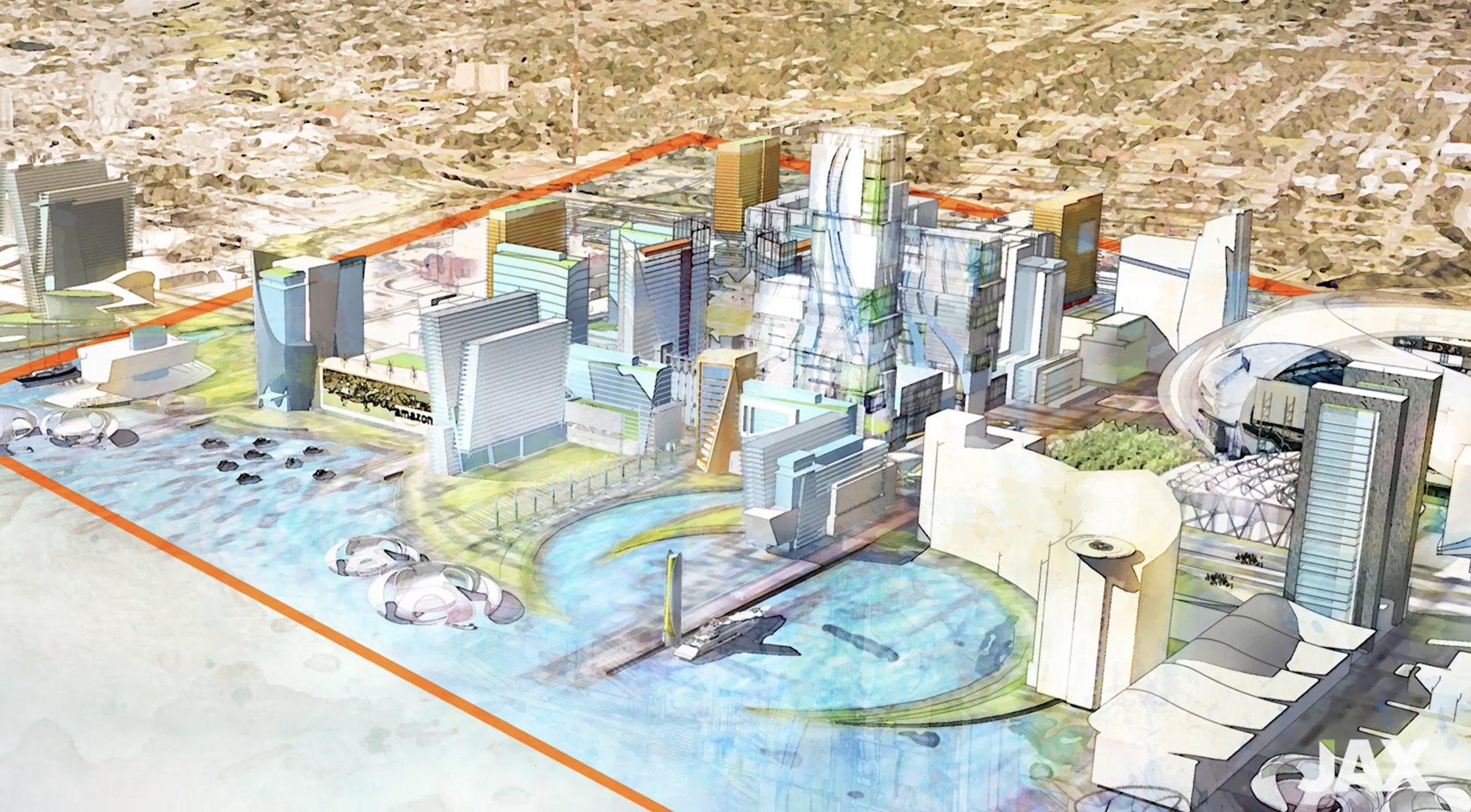 An illustration from a video shows the potential Amazon headquarters between EverBank Field and Downtown. The video is part of Jacksonville’s bid for the project.