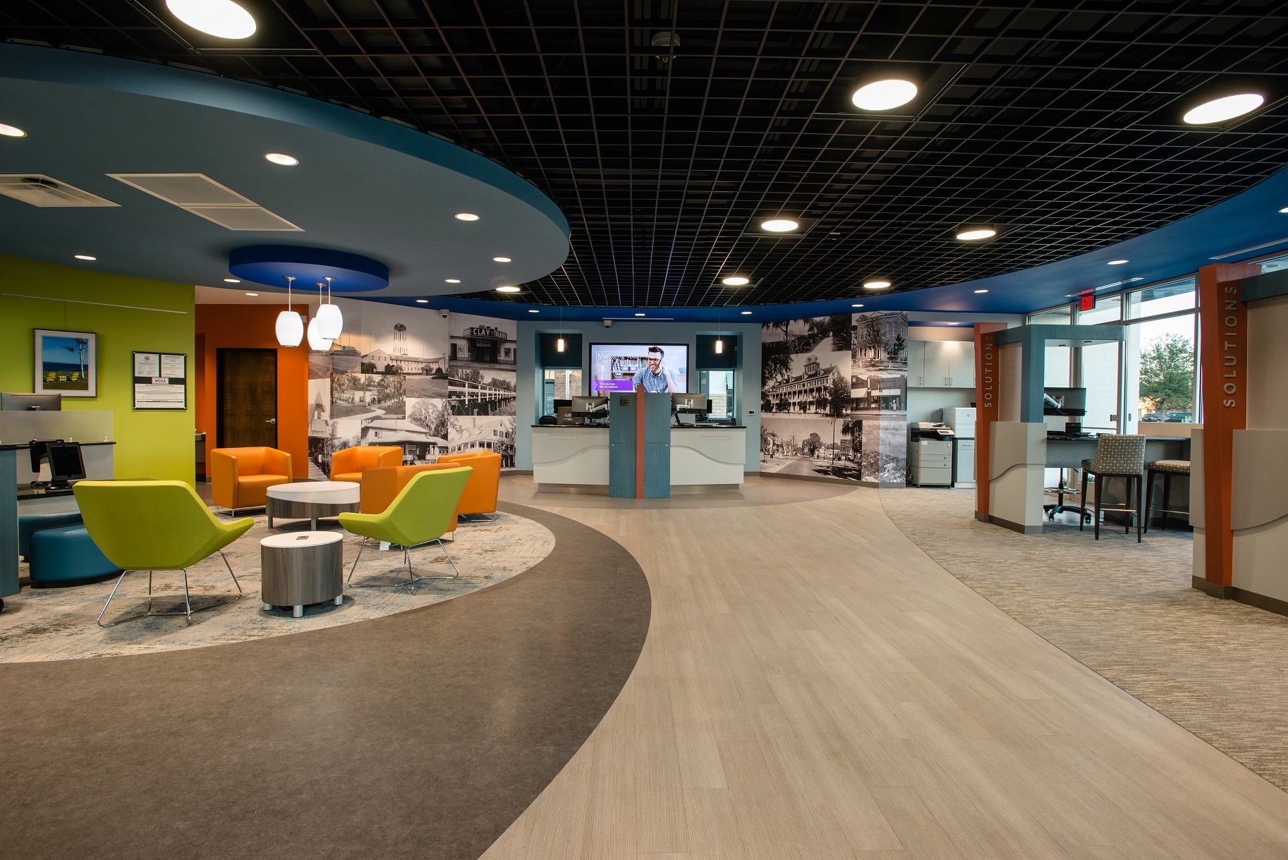 Interior of the reimagined Community First Credit Union branch.