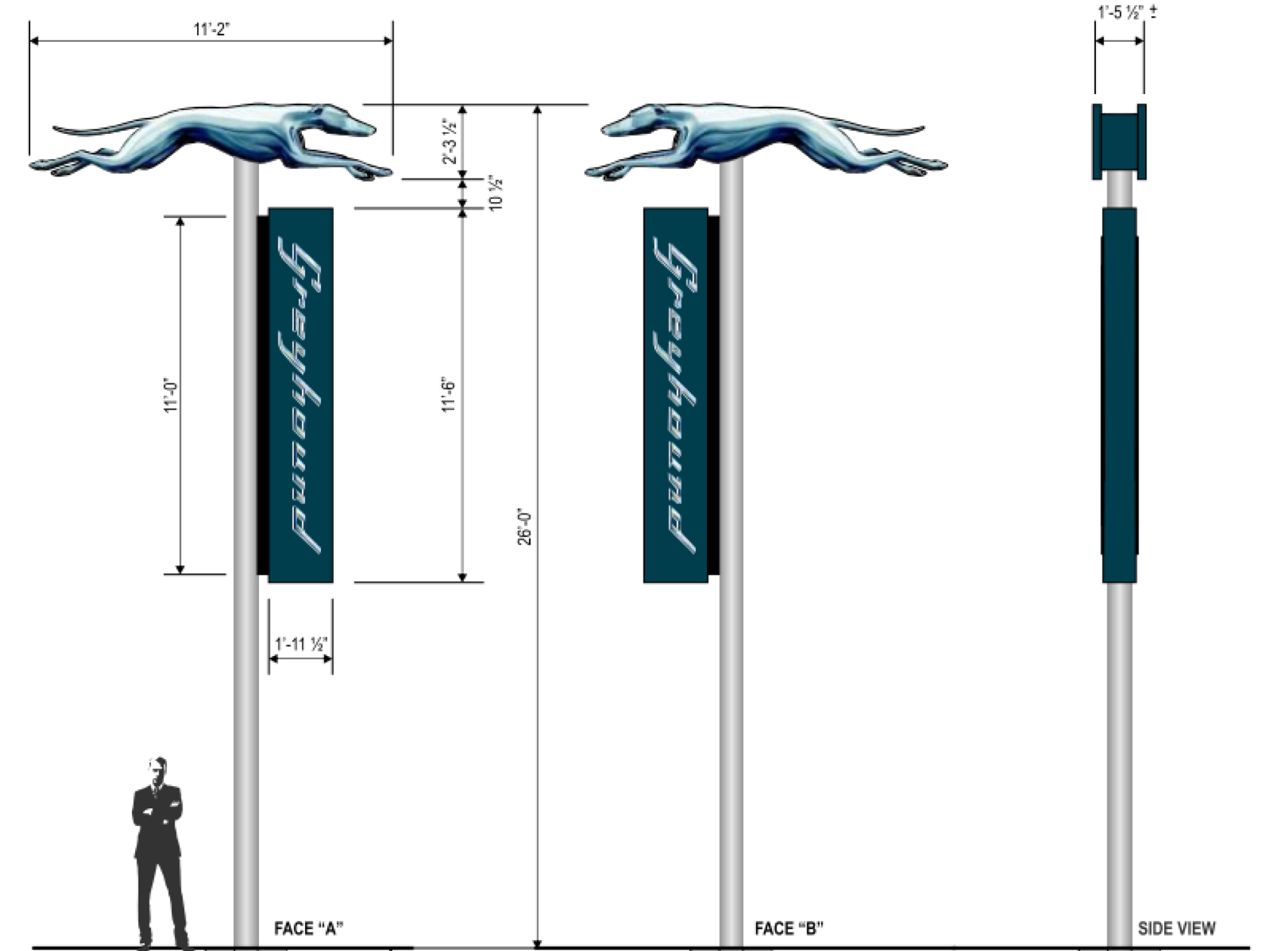 The Greyhound sign will feature a mix of steel, aluminum and clear plastic with printed graphics and LED lights.
