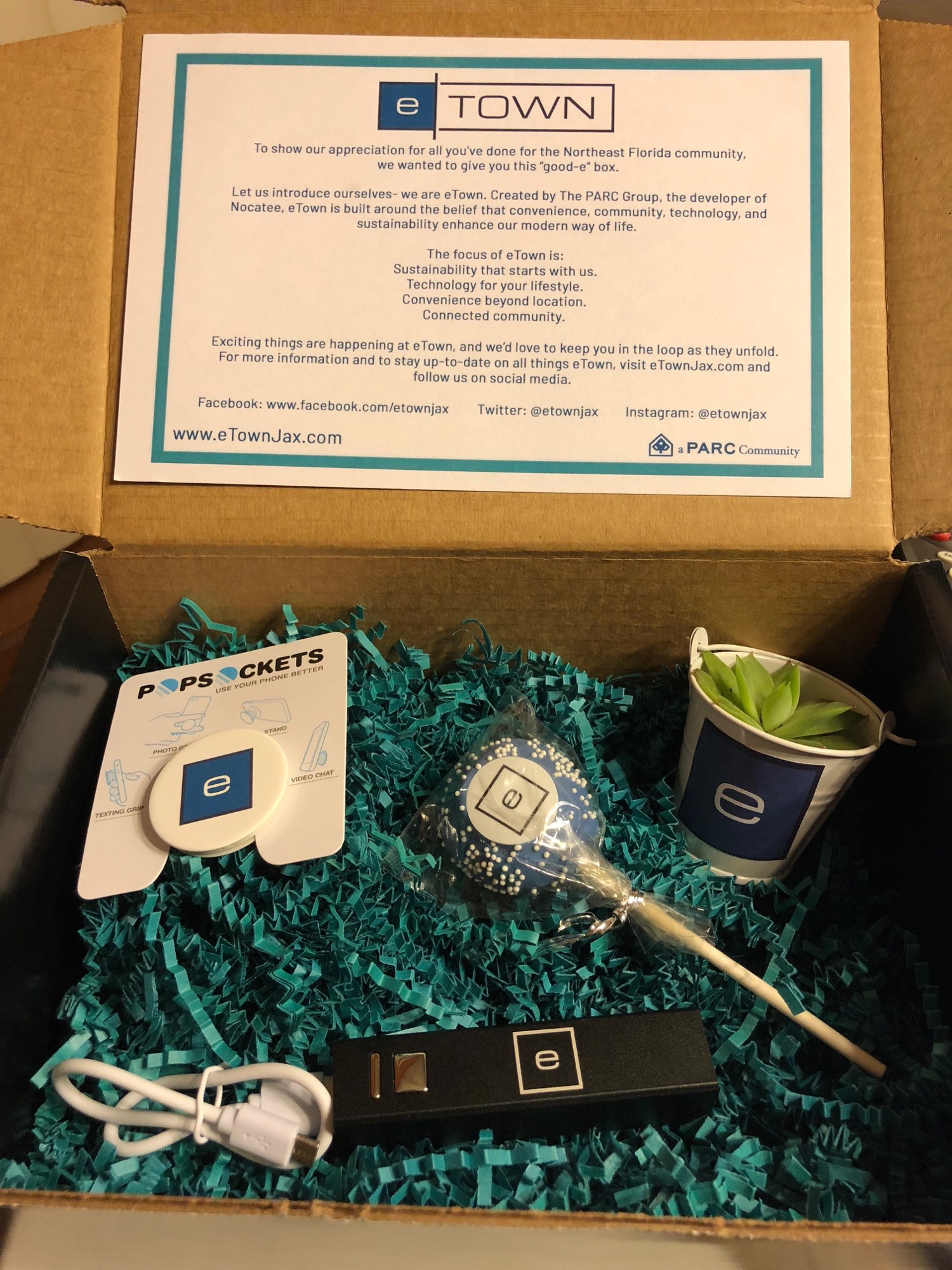 The “good-e” box contains a plant, a portable mobile Power Bank, a Popsockets mobile phone accessory and a cake pop.