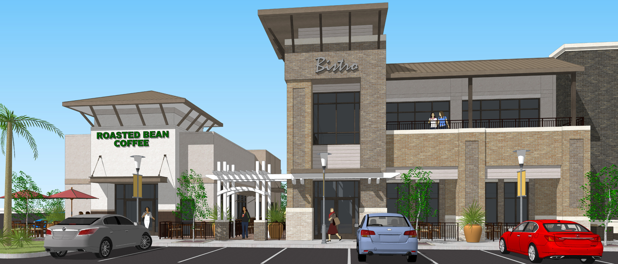 A rendering of buildings No. 1 and No. 2 shows a coffee shop sign similar in design to Starbucks, but no details on stores coming to the development have been released. The site plan shows four buildings and 315 parking spaces.