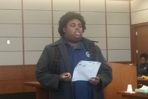Latrella Jackson, a Ribault High senior, provides closing arguments for the prosecution. Jackson won the “Best Attorney” award for her opening and closing arguments.